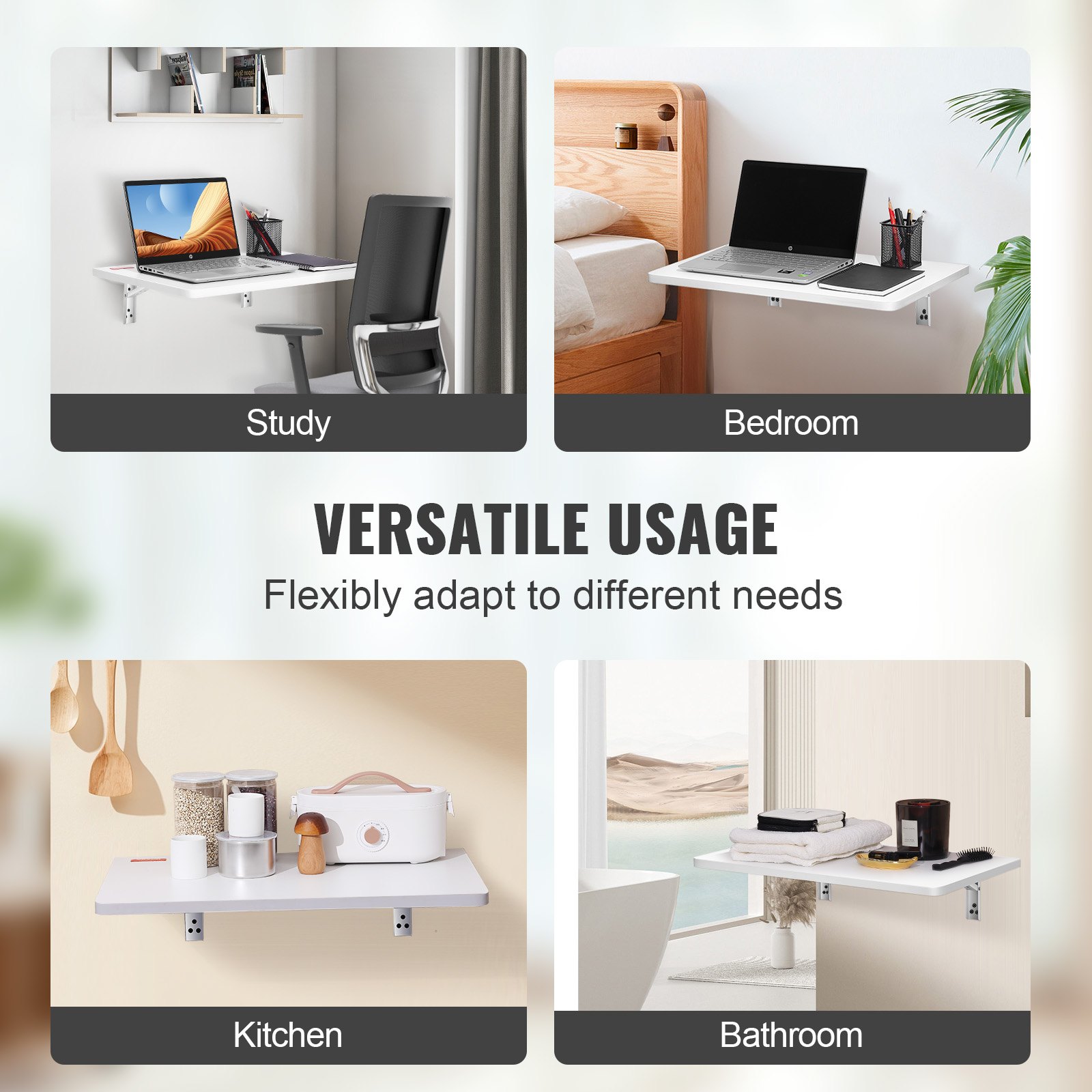 VEVOR Klapptisch Wandtisch 59,94 x 39,62 x 14,99 cm, Klappbar Küche Wandklapptisch Wandschreibtisch, Tisch für Studentenwohnheim Wohnzimmer Schlafzimmer Stabil Weiß Spanplatte 45,36 kg Tragfähigkeit