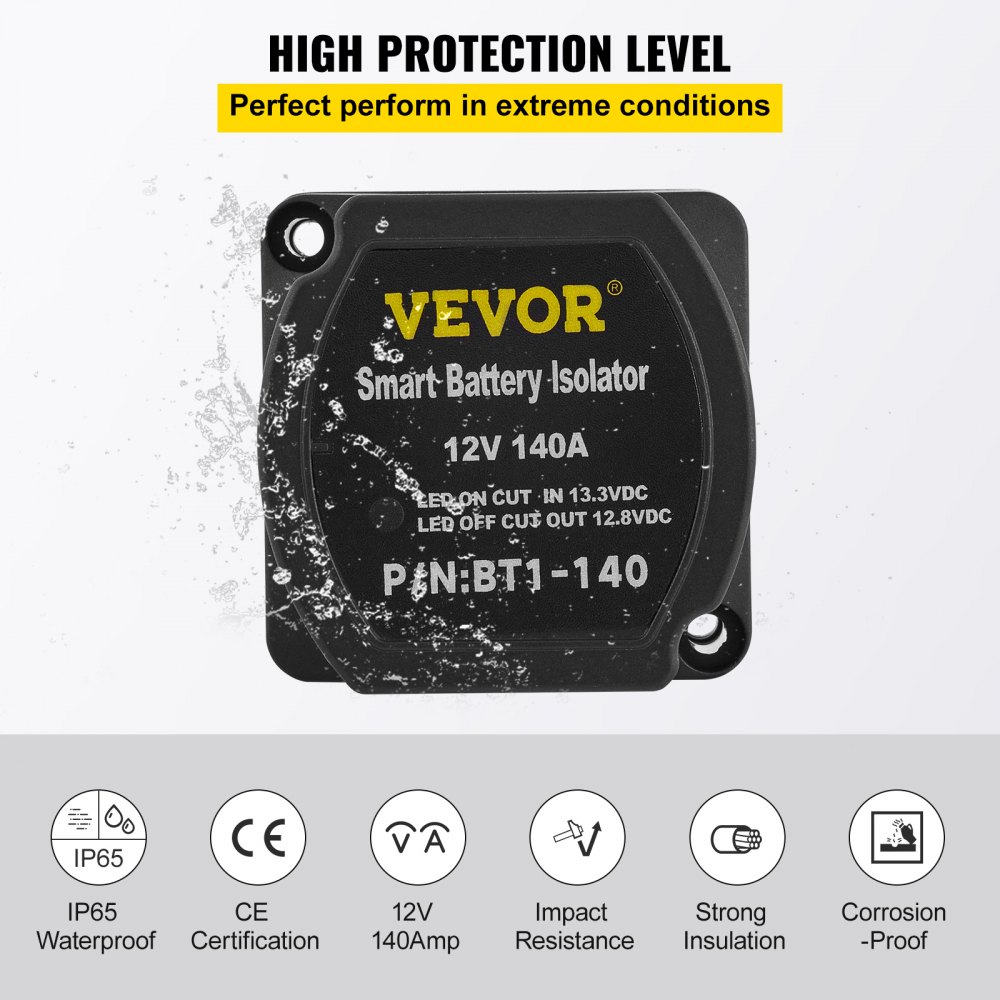 VEVOR Doppelbatterie Trennrelais 12 V Split Charge Kit, 140 A spannungsempfindliches Relais Set -30-105 ℃, automatisches Ladegerät & 2 m Kabel Set für Lastwagen, Wohnmobil, Werkstatt, Auto & Schiff