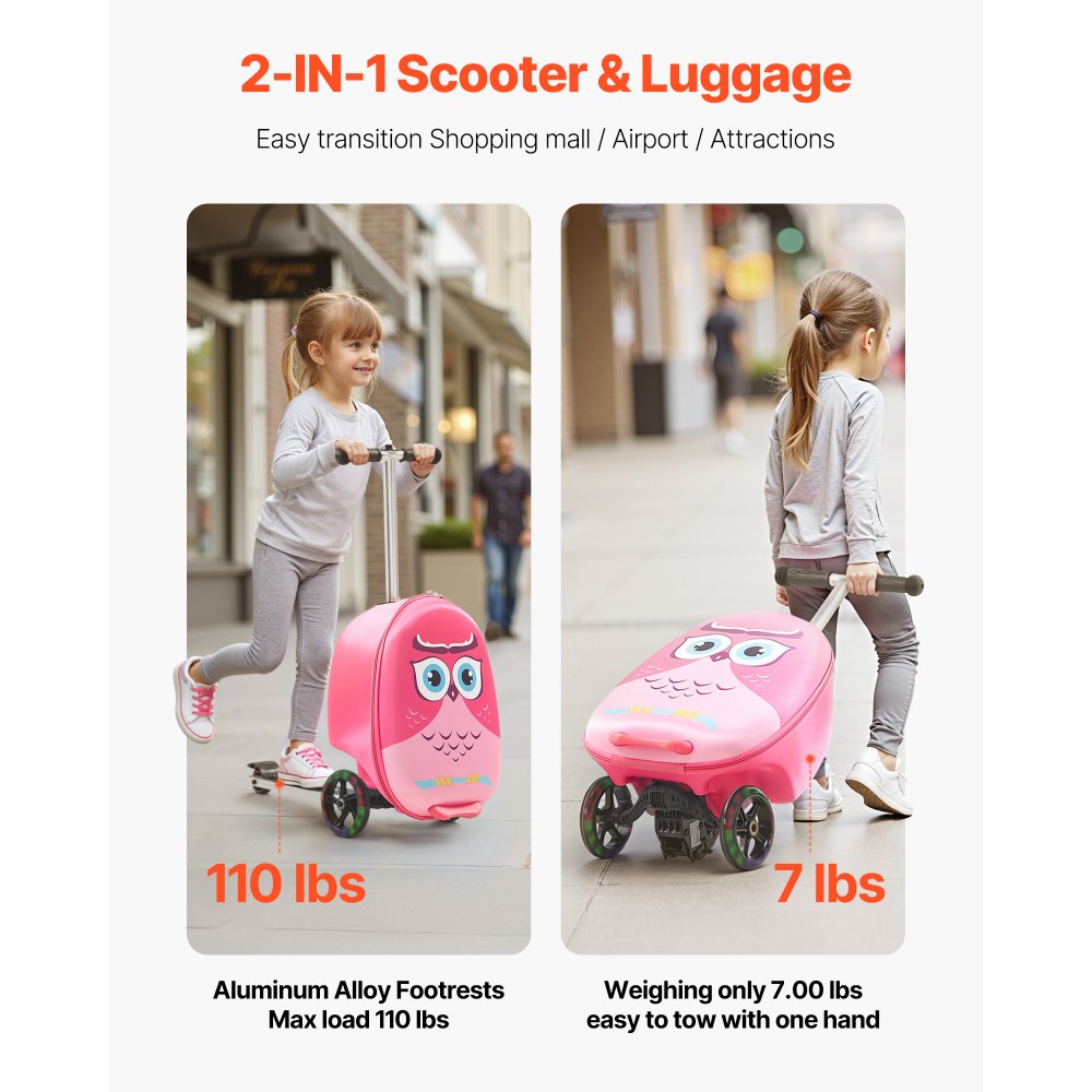 VEVOR Scooter Koffer, 20 L Fassungsvermögen, Reisekoffer mit Flash-PU-Rädern, TPR-Anti-Rutsch-Griff, max. Gewichtskapazität 50 kg, Kinderkoffer Handgepäck, für Kinder ab 5 Jahren, Pink