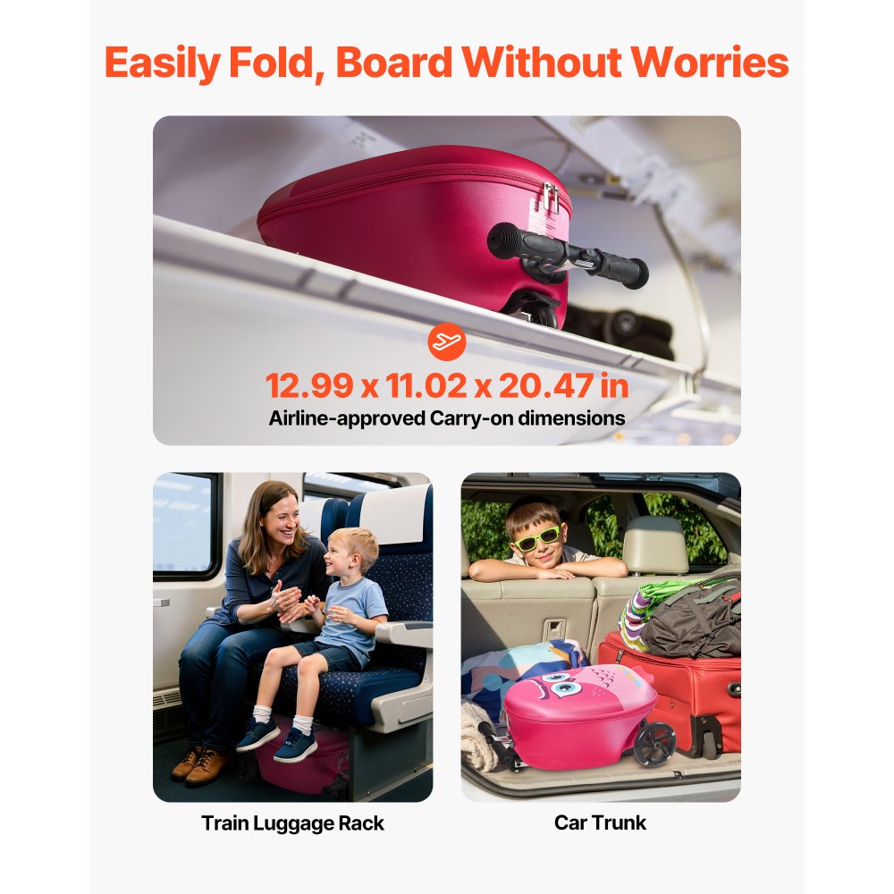 VEVOR Scooter Koffer, 20 L Fassungsvermögen, Reisekoffer mit Flash-PU-Rädern, TPR-Anti-Rutsch-Griff, max. Gewichtskapazität 50 kg, Kinderkoffer Handgepäck, für Kinder ab 5 Jahren, Pink