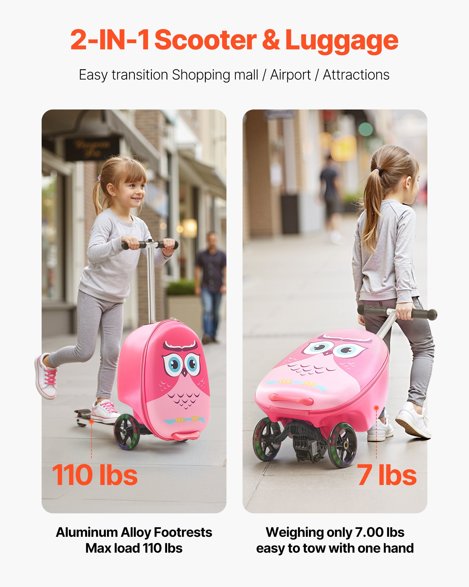 VEVOR Scooter Koffer, 20 L Fassungsvermögen, Reisekoffer mit Flash-PU-Rädern, TPR-Anti-Rutsch-Griff, max. Gewichtskapazität 50 kg, Kinderkoffer Handgepäck, für Kinder ab 5 Jahren, Pink