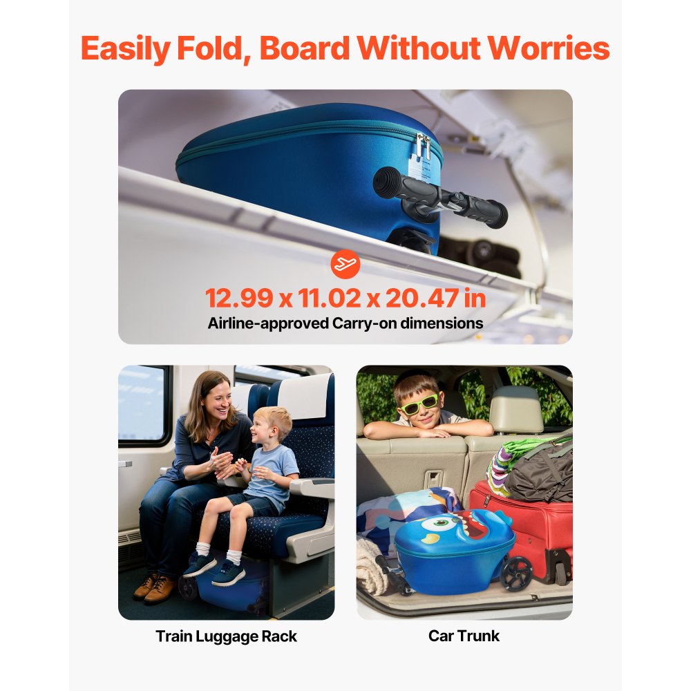 VEVOR Scooter Koffer, 20 L Fassungsvermögen, Reisekoffer mit Flash-PU-Rädern, TPR-Anti-Rutsch-Griff, max. Gewichtskapazität 50 kg, Kinderkoffer Handgepäck, für Kinder ab 5 Jahren, Blau
