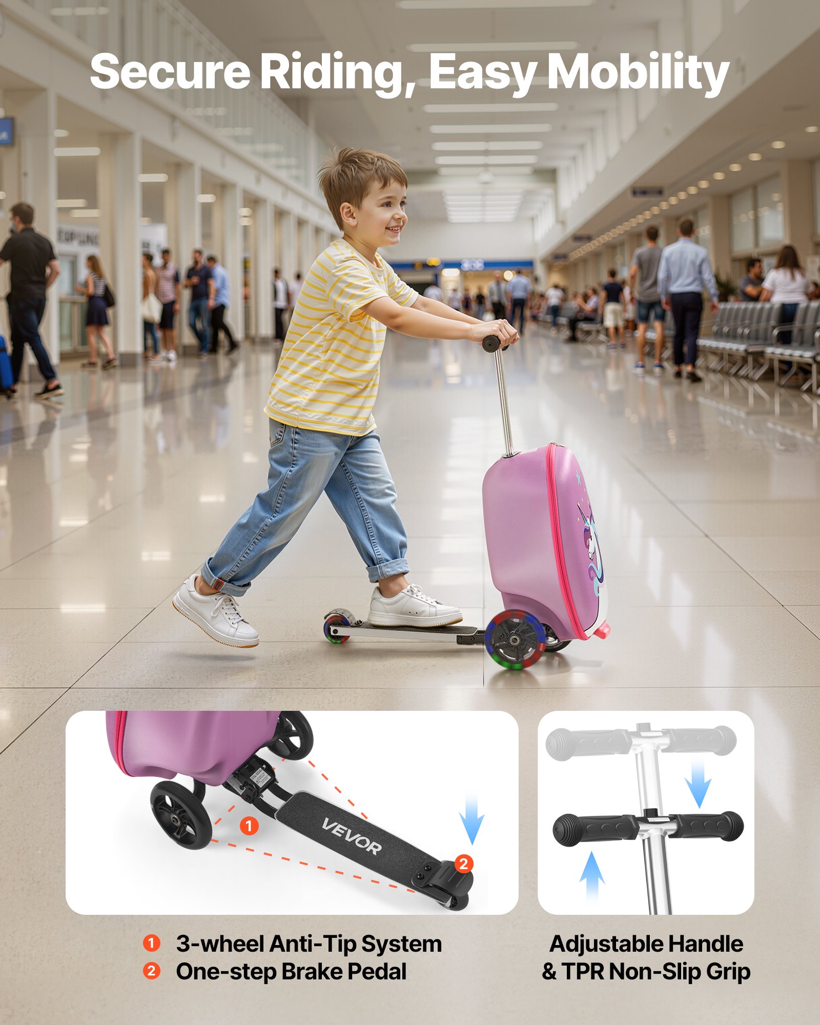 VEVOR Scooter Koffer, 20 L Fassungsvermögen, Reisekoffer mit Flash-PU-Rädern, TPR-Anti-Rutsch-Griff, max. Gewichtskapazität 50 kg, Kinderkoffer Handgepäck, für Kinder ab 5 Jahren, Lila