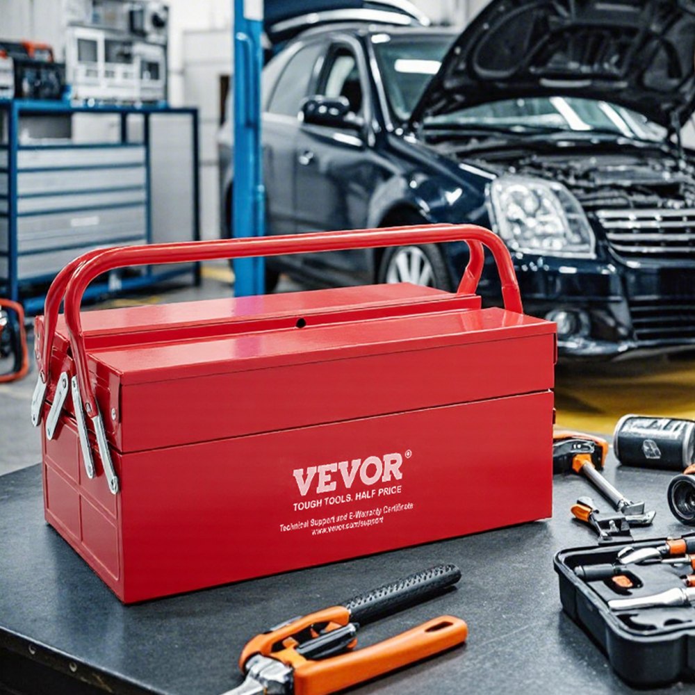VEVOR Tool Box 355.6x200x165mm, 2-Tier, 3 Compartments, Tool Chest with Handle & Lock Hole, Powder-Coated Steel, Tool Case for Household, Factory, Warehouse, Repair Shop, Red