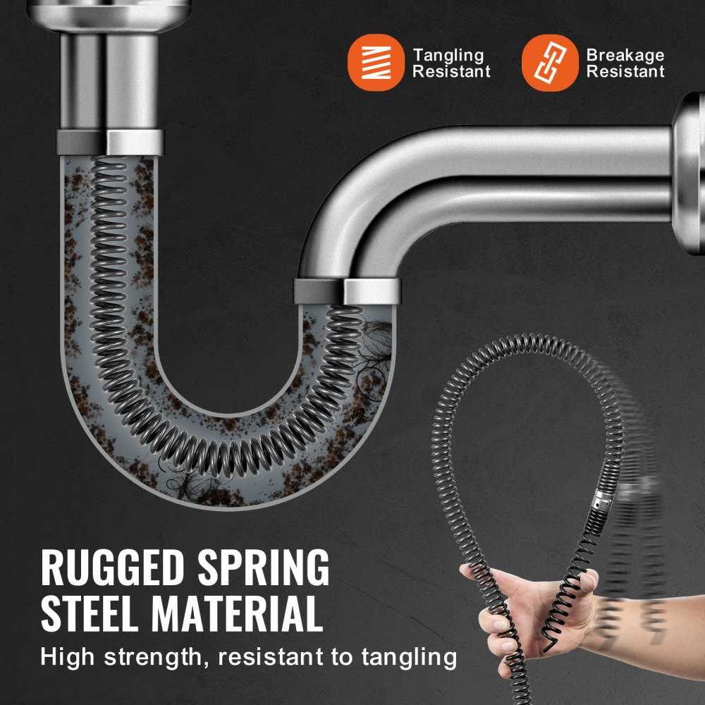 VEVOR Rohrreinigungsspirale 30 m x 16 mm, professionelles Rohrreinigungskabel mit 7 Schneidern für 20-100 mm Rohre, Hohlkern-Kanalisationsspirale für Spüle, Bodenablauf, Toilette