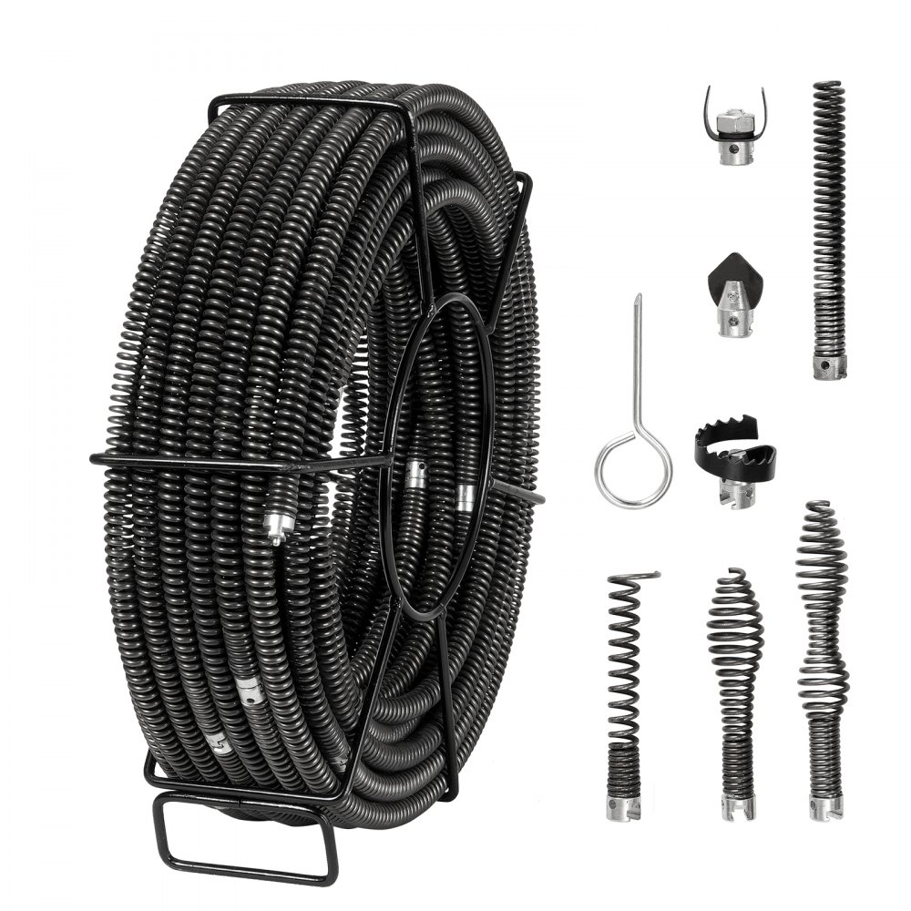 VEVOR Rohrreinigungsspirale 30 m x 16 mm, professionelles Rohrreinigungskabel mit 7 Schneidern für 20-100 mm Rohre, Hohlkern-Kanalisationsspirale für Spüle, Bodenablauf, Toilette