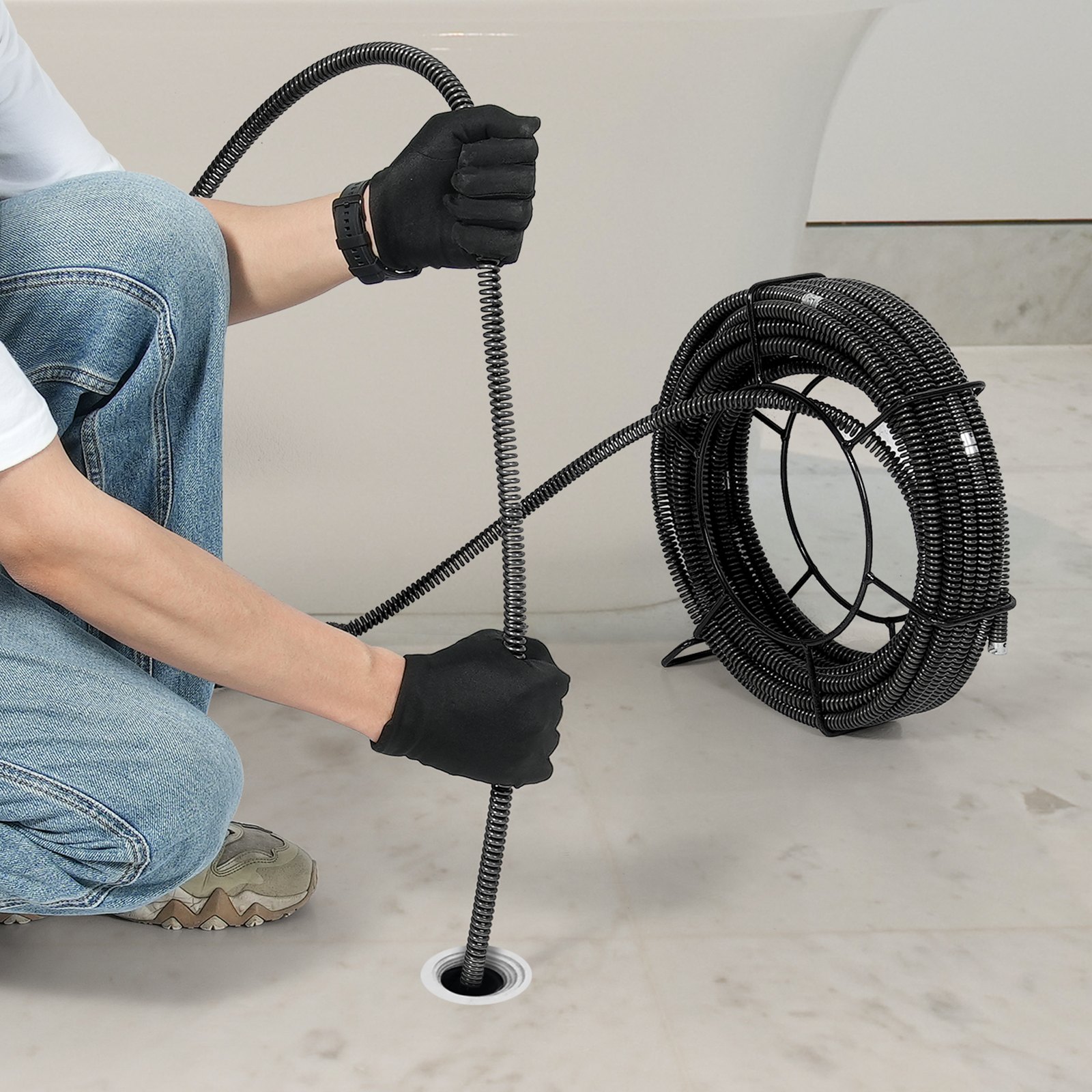 VEVOR Rohrreinigungsspirale 20 m x 16 mm, professionelles Rohrreinigungskabel mit 7 Schneidern für Rohre von 20 bis 100 mm, Hohlkern-Kanalisationsspirale für Spüle, Bodenablauf, Toilette