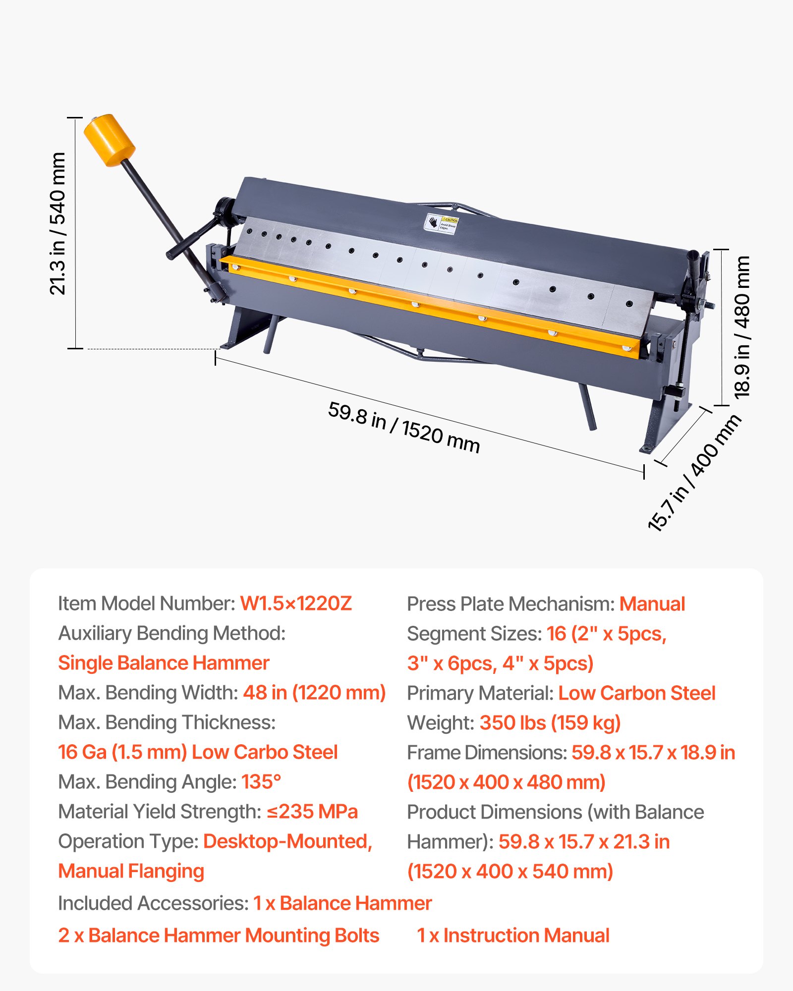VEVOR Biegemaschine, 1220 mm Kantbank, 1,5-mm-Weichstahl-Biegedicke, 0–135 Grad einstellbar, Blechbieger, Schwenkbiegemaschine mit 16 Fingern, Blechbiegemaschine für präzises Biegen