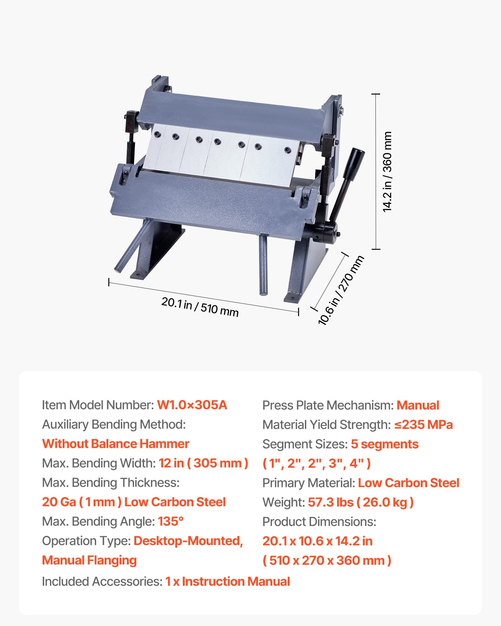 VEVOR Biegemaschine, 305 mm Kantbank, 1-mm-Weichstahl-Biegedicke, 0–135 Grad einstellbar, Blechbieger, Schwenkbiegemaschine mit 5 Fingern, Blechbiegemaschine für präzises Biegen