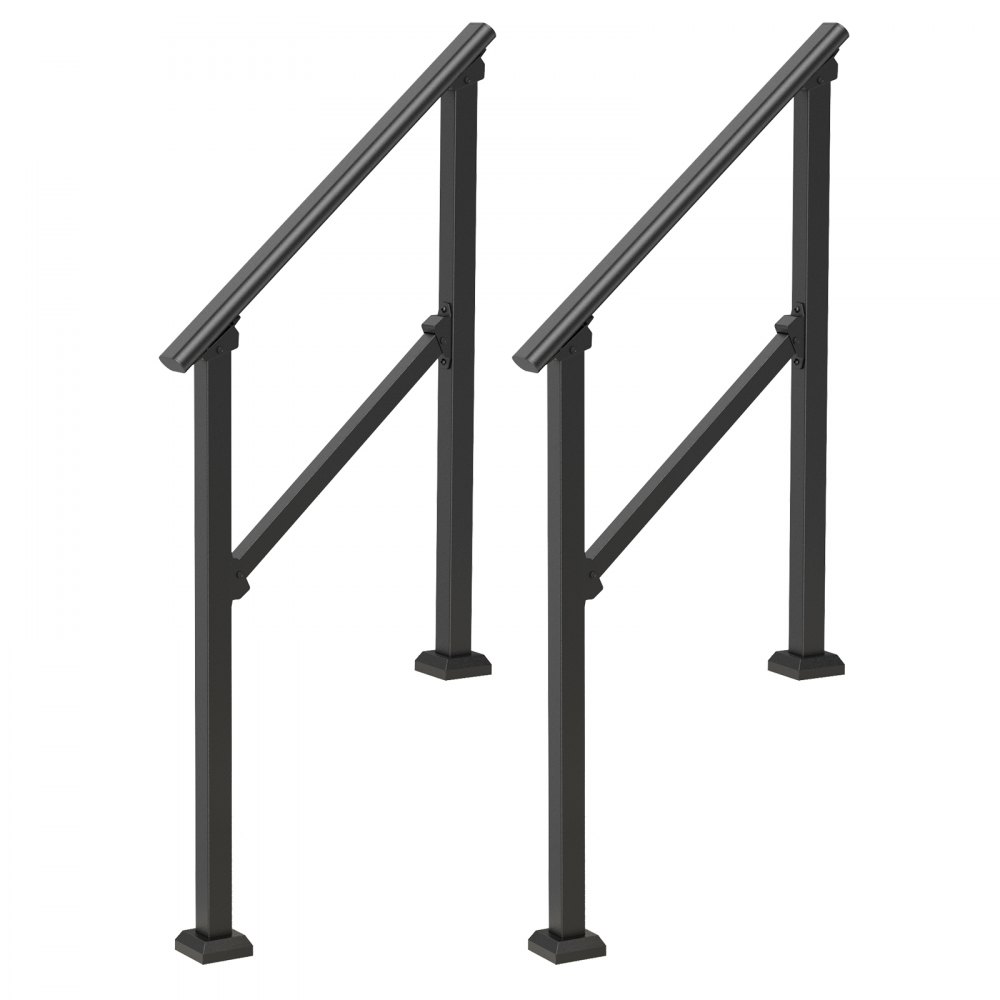 VEVOR Handrails for Outdoor Stairs, 2-Piece Handrail Set for 2-3 Steps, Carbon Steel Transition Railing with Mounting Kit, Stair Railing for Seniors, Concrete & Porch & Deck, Black Square Tube