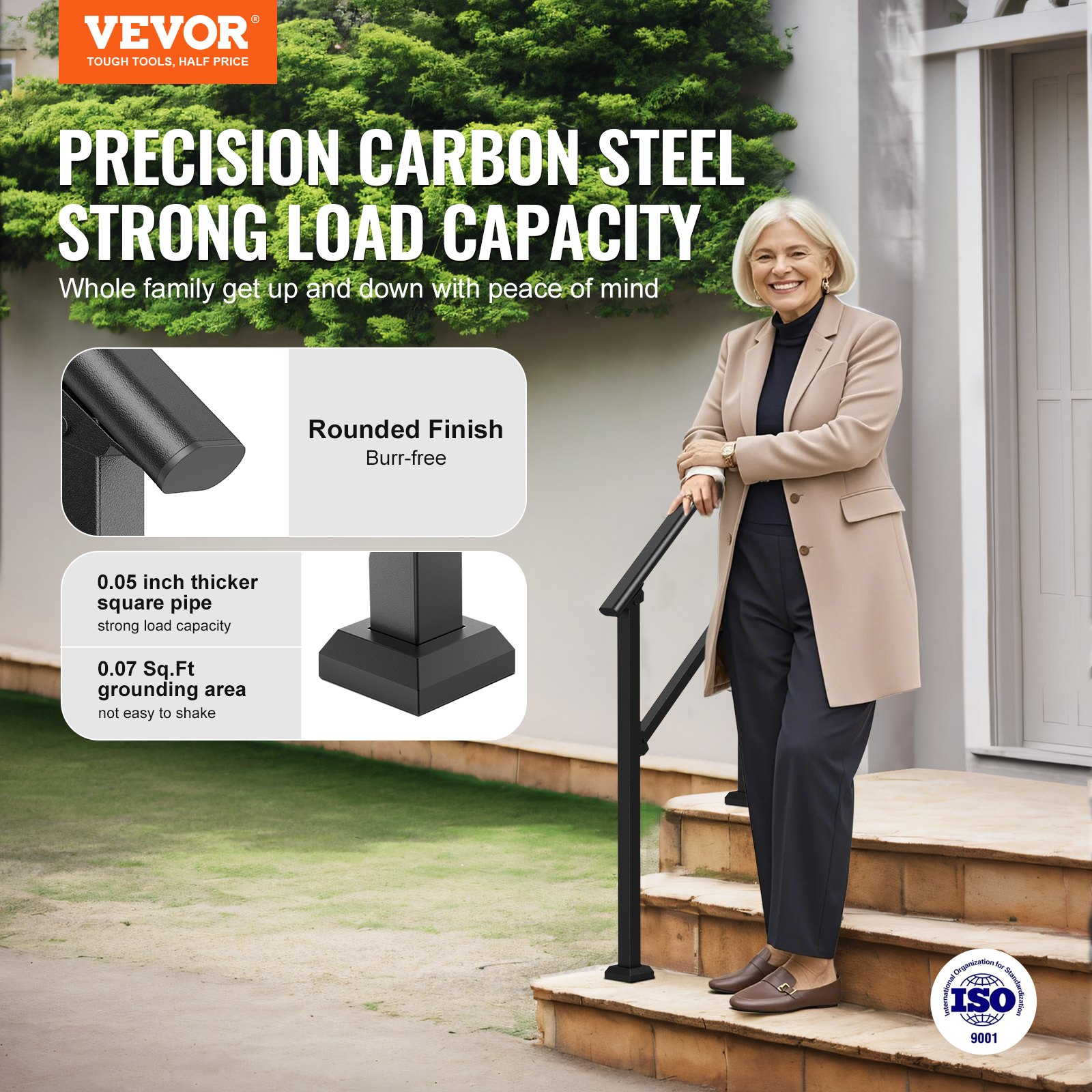 VEVOR Handrails for Outdoor Stairs, 2-Piece Handrail Set for 2-3 Steps, Carbon Steel Transition Railing with Mounting Kit, Stair Railing for Seniors, Concrete & Porch & Deck, Black Square Tube