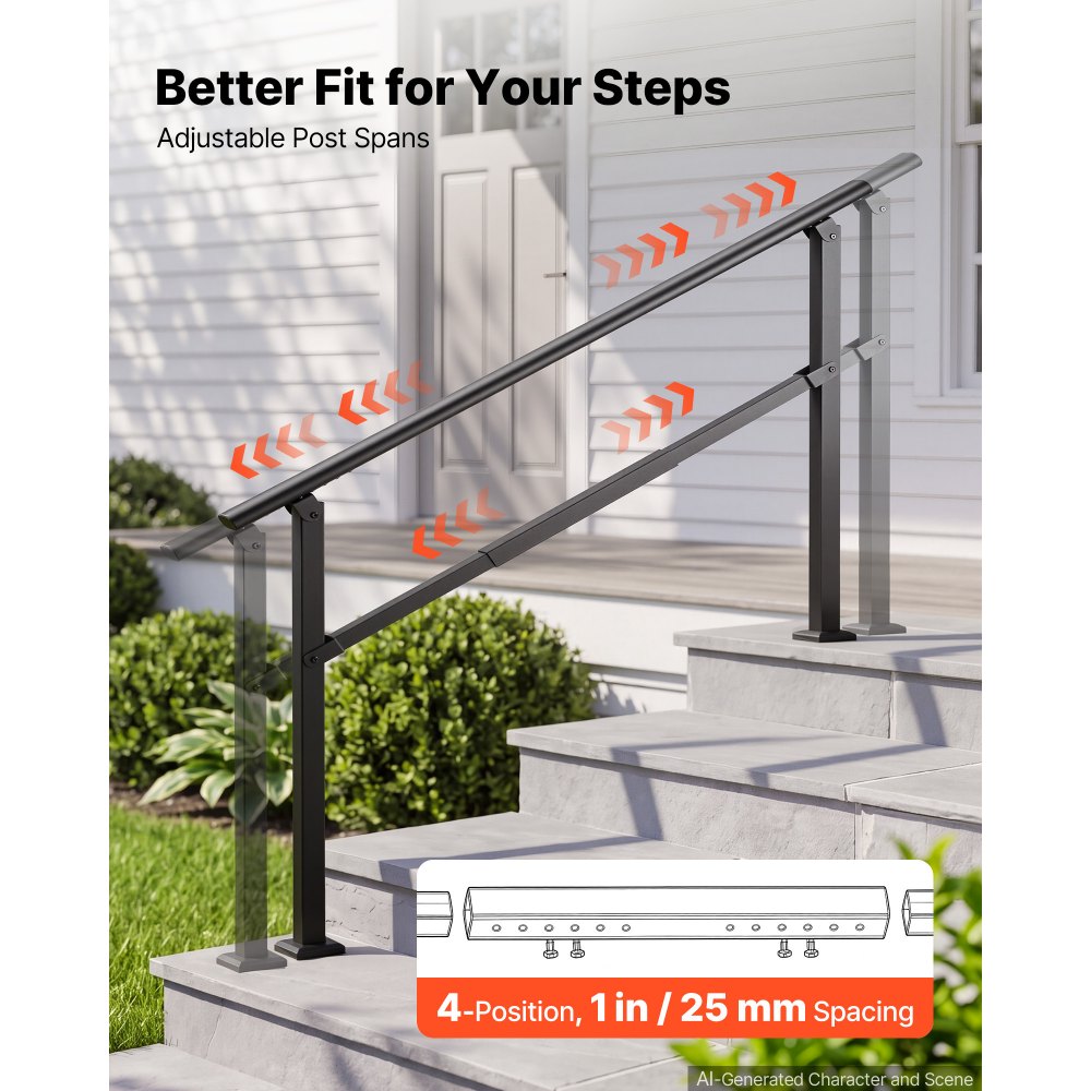 VEVOR 2x Handläufe für Außentreppen Treppengeländer für 3-5 Stufen Schwarz, Treppenhandlauf für Veranda & Terrasse, Kohlenstoffstahl, 0–45° Einstellwinkel, Bodenmontage, Quadratrohr, mit Querstreben