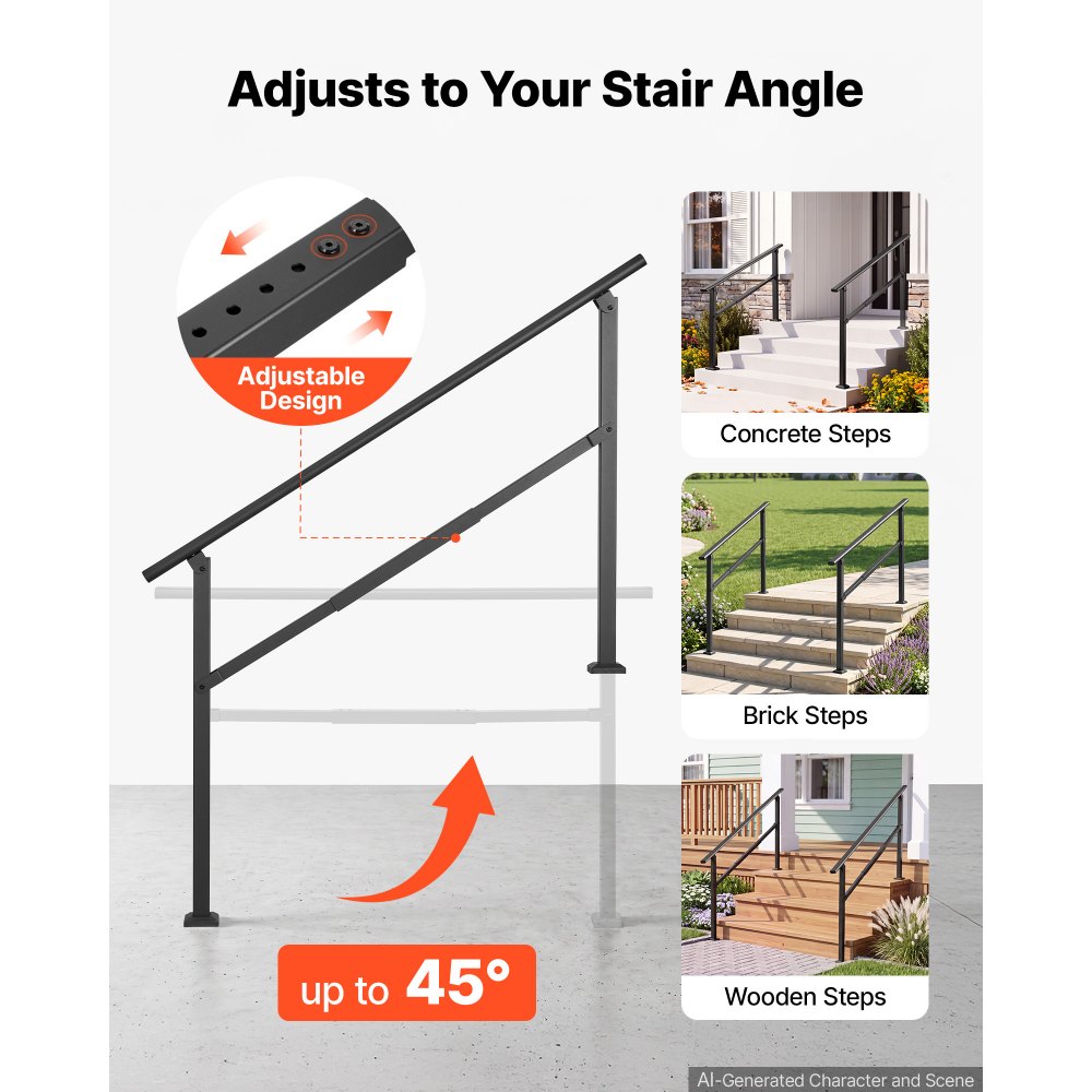 VEVOR 2x Handläufe für Außentreppen Treppengeländer für 3-5 Stufen Schwarz, Treppenhandlauf für Veranda & Terrasse, Kohlenstoffstahl, 0–45° Einstellwinkel, Bodenmontage, Quadratrohr, mit Querstreben