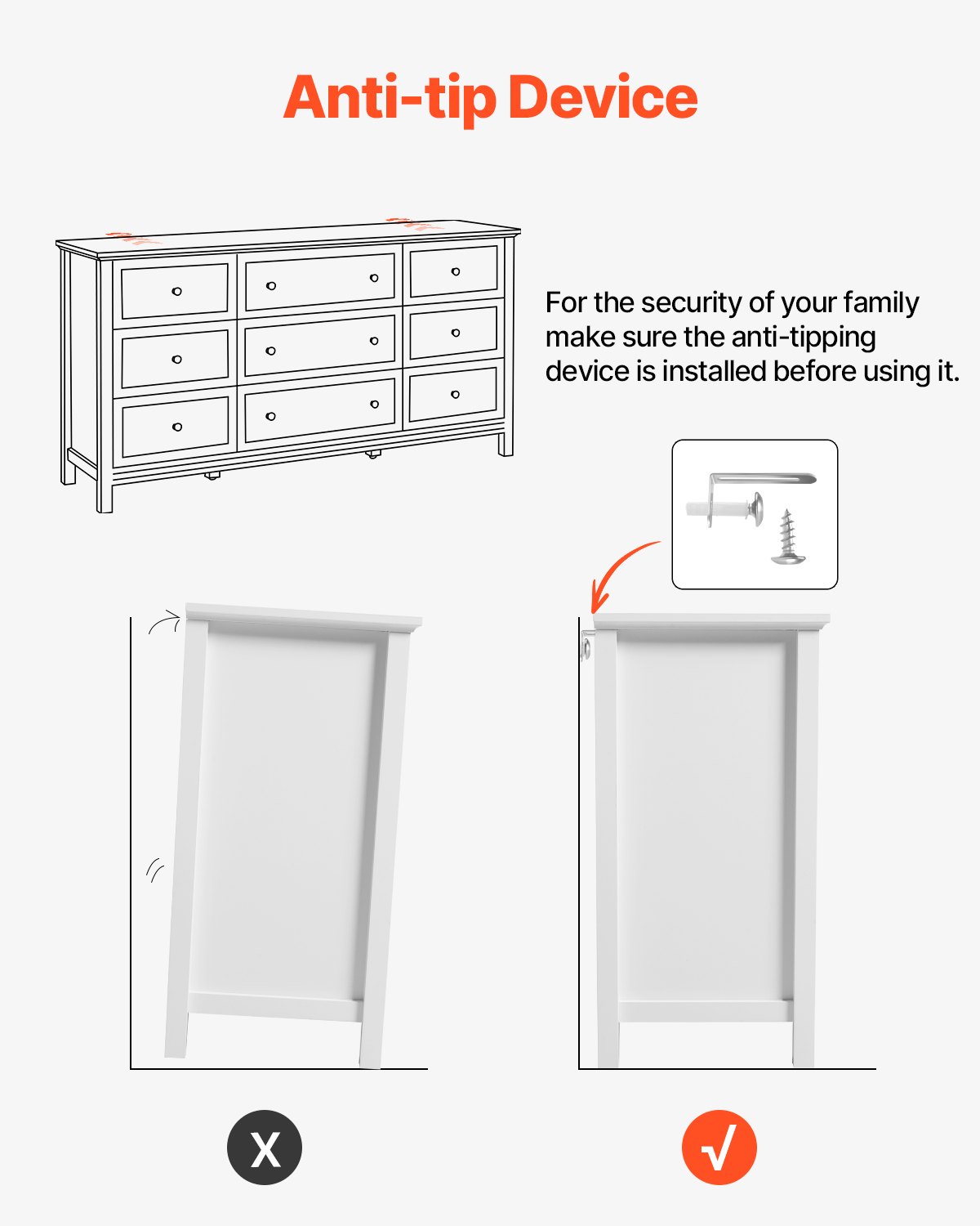 VEVOR Kommode mit 9 Schubladen, Holzkommode mit Schiebe- und Kippschutz, minimalistischer Retro-Schubladenschrank TV-Ständer, Organizer für Wohnzimmer Schlafzimmer Eingangsbereich (weiß)
