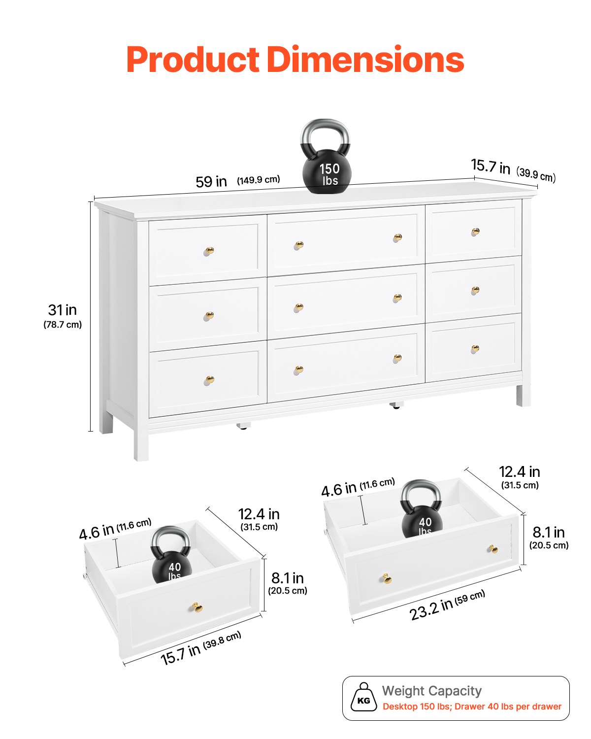 VEVOR Kommode mit 9 Schubladen, Holzkommode mit Schiebe- und Kippschutz, minimalistischer Retro-Schubladenschrank TV-Ständer, Organizer für Wohnzimmer Schlafzimmer Eingangsbereich (weiß)