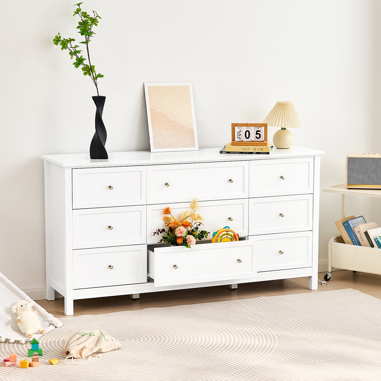 VEVOR Kommode mit 9 Schubladen, Holzkommode mit Schiebe- und Kippschutz, minimalistischer Retro-Schubladenschrank TV-Ständer, Organizer für Wohnzimmer Schlafzimmer Eingangsbereich (weiß)