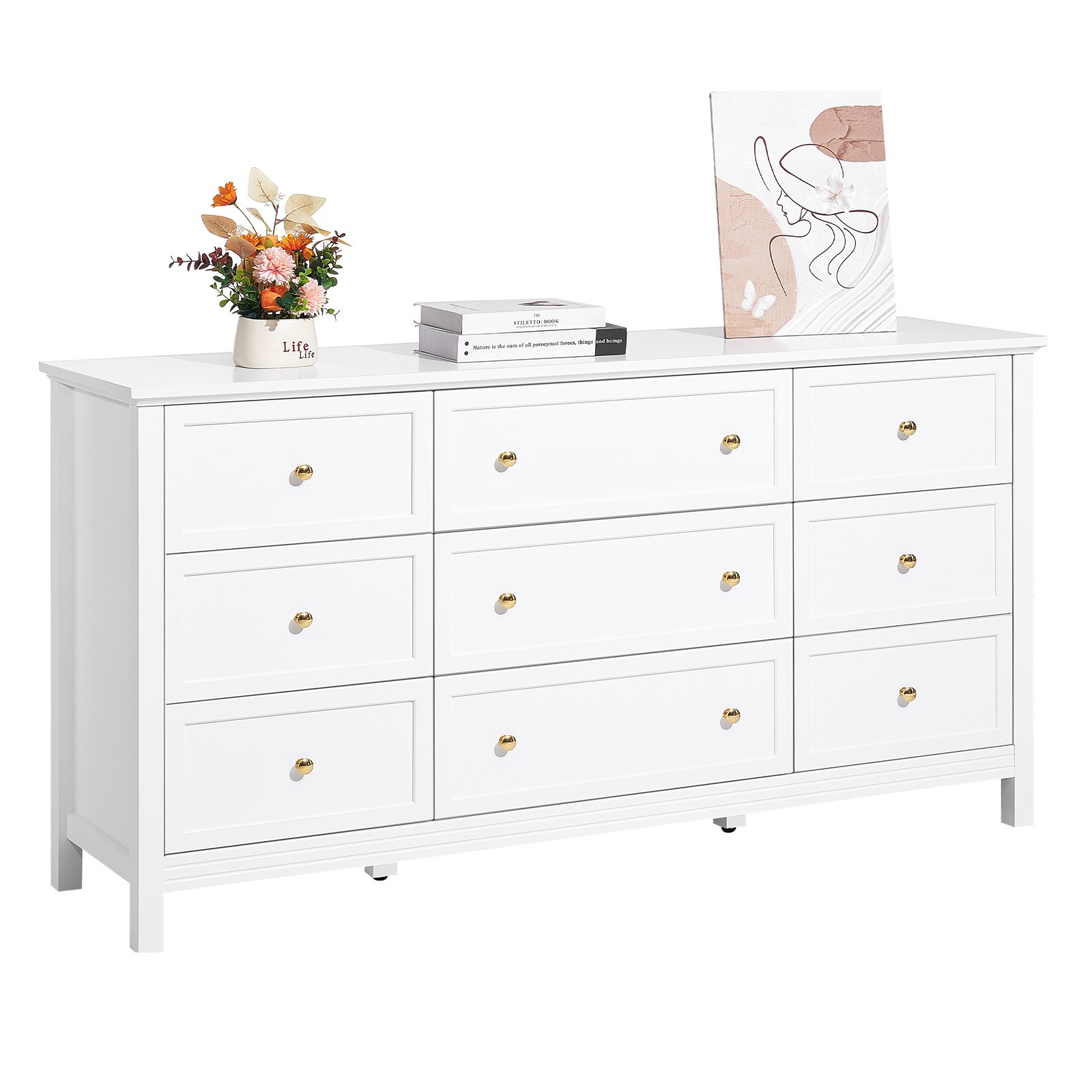 VEVOR Kommode mit 9 Schubladen, Holzkommode mit Schiebe- und Kippschutz, minimalistischer Retro-Schubladenschrank TV-Ständer, Organizer für Wohnzimmer Schlafzimmer Eingangsbereich (weiß)