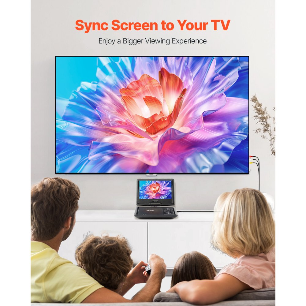VEVOR tragbarer DVD-Player mit drehbarem HD-Bildschirm (256 mm), eingebauter Akku mit 4 Std. Laufzeit, 2 Lautsprecher, unterstützt Synchronisierung von TV/USB/SD-Karte/CD/DVD, Autoladegerät schwarz