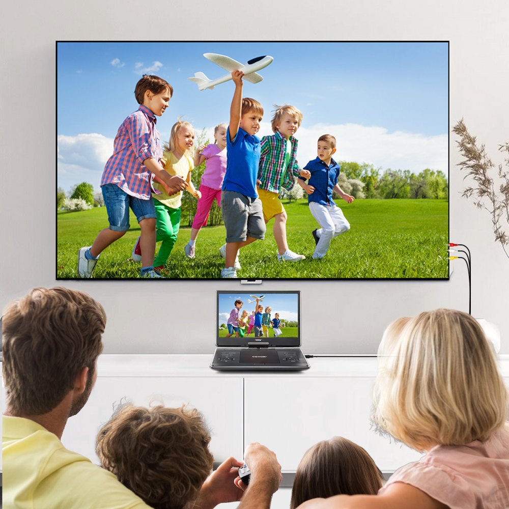 VEVOR tragbarer DVD-Player mit drehbarem HD-Bildschirm (358 mm), eingebauter Akku mit 4,5-5 h Laufzeit, 2 Lautsprecher, unterstützt Synchronisierung von TV/USB/SD-Karte/CD/DVD, Autoladegerät schwarz