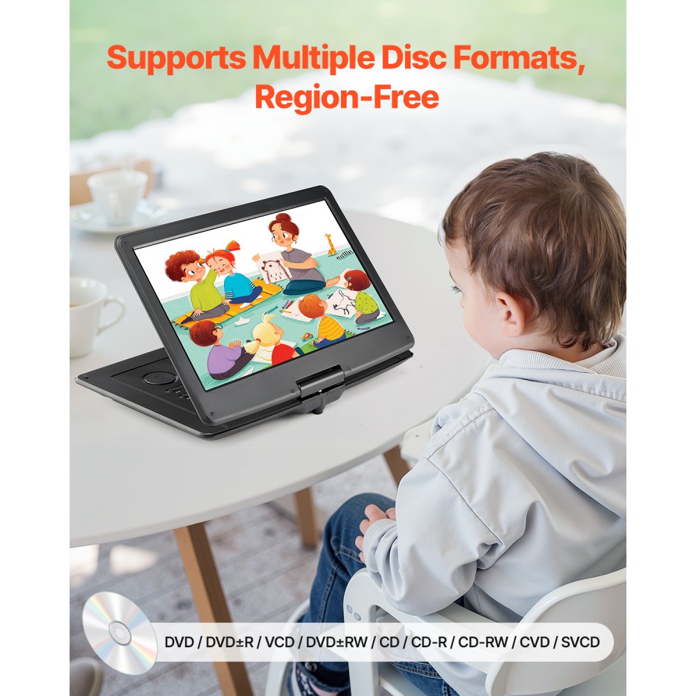 VEVOR tragbarer DVD-Player mit drehbarem HD-Bildschirm (396 mm), eingebauter Akku mit 4,5-5 Std. Laufzeit, 2 Lautsprecher, unterstützt Synchronisierung von TV/USB/SD-Karte/CD/DVD, Autoladegerät