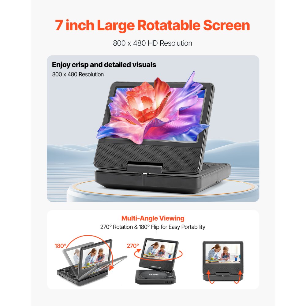 VEVOR tragbarer DVD-Player mit drehbarem HD-Bildschirm (178 mm), eingebauter Akku mit 4 Std. Laufzeit, 2 Lautsprecher, unterstützt Synchronisierung von TV/USB/SD-Karte/CD/DVD, Autoladegerät schwarz