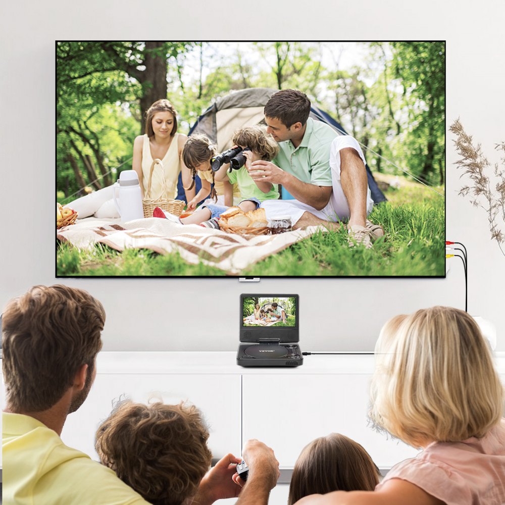 VEVOR tragbarer DVD-Player mit drehbarem HD-Bildschirm (178 mm), eingebauter Akku mit 4 Std. Laufzeit, 2 Lautsprecher, unterstützt Synchronisierung von TV/USB/SD-Karte/CD/DVD, Autoladegerät schwarz