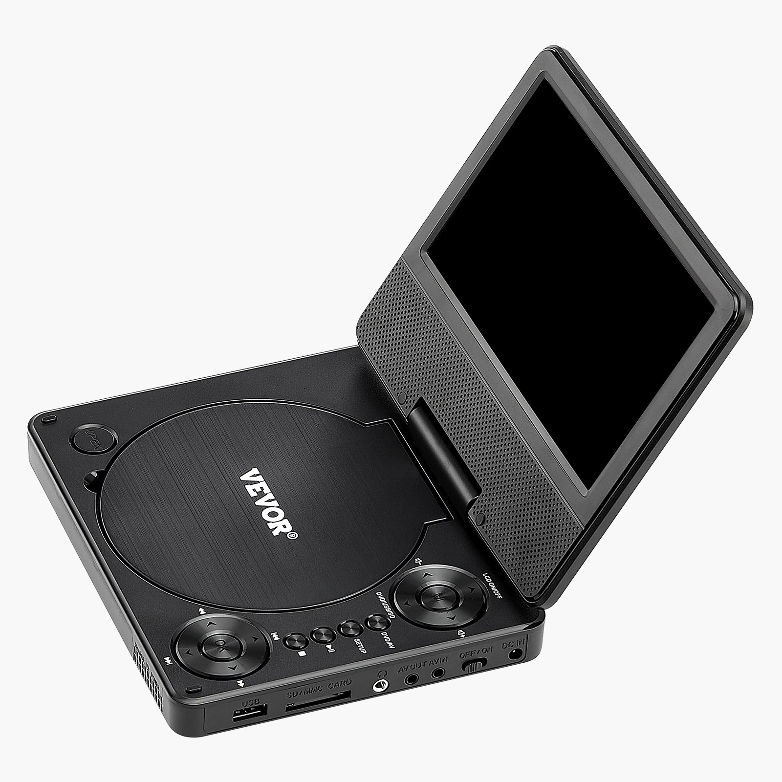 VEVOR portable DVD player with rotating HD screen (178 mm), built-in battery with 4-hour runtime, 2 speakers, supports synchronization of TV/USB/SD card/CD/DVD, car charger, black