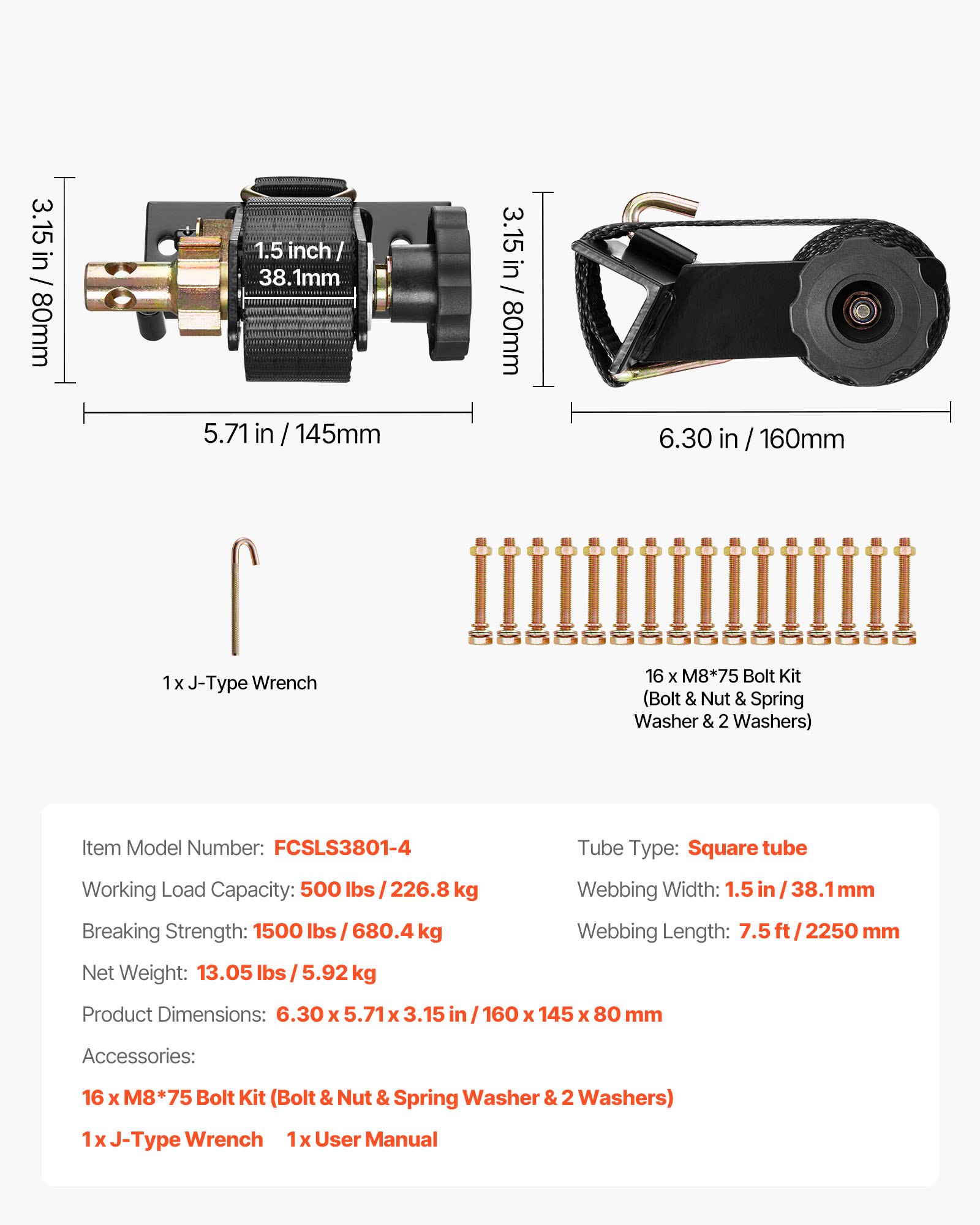 VEVOR Spanngurte für Leitergestell, Vierkantrohrbefestigung, 38 mm x 2,25 m, Ratschengurte mit doppelten J-Haken, 226,8 kg Traglast, Ladungsgurt mit Schnallenverschluss (4er-Pack)