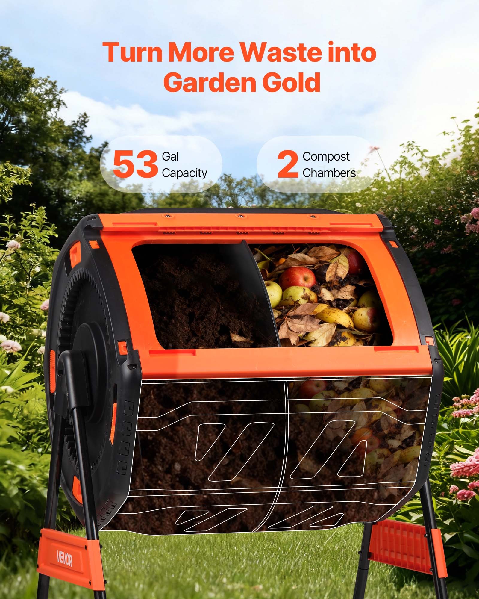 VEVOR Komposttrommel 200 L, Tumbling-Komposter Outdoor mit 2 Schiebetüren & Belüftungssystem & Doppelkammern, Kompostbehälter aus PP & Kohlenstoffstahl für Garten-, Küchen- und Hofabfälle