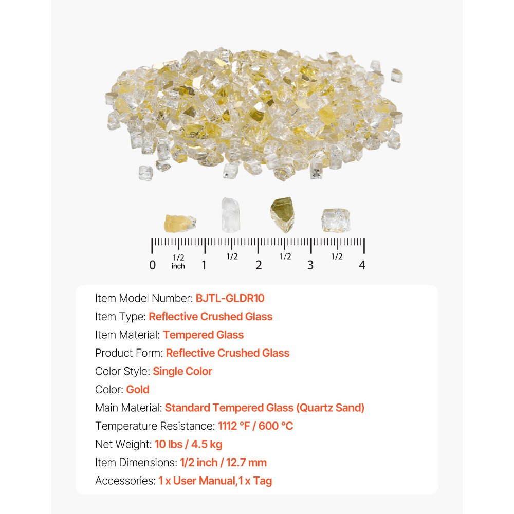 VEVOR Feuerglas, 4,5 kg hochtemperaturbeständige Glassteine, 12,7 mm reflektierende Feuerstellen-Glasperlen, Feuerstelle Glasfelsen, Kaminglas, Feuerkristall, Feuerperlen, für Kamin, Golden