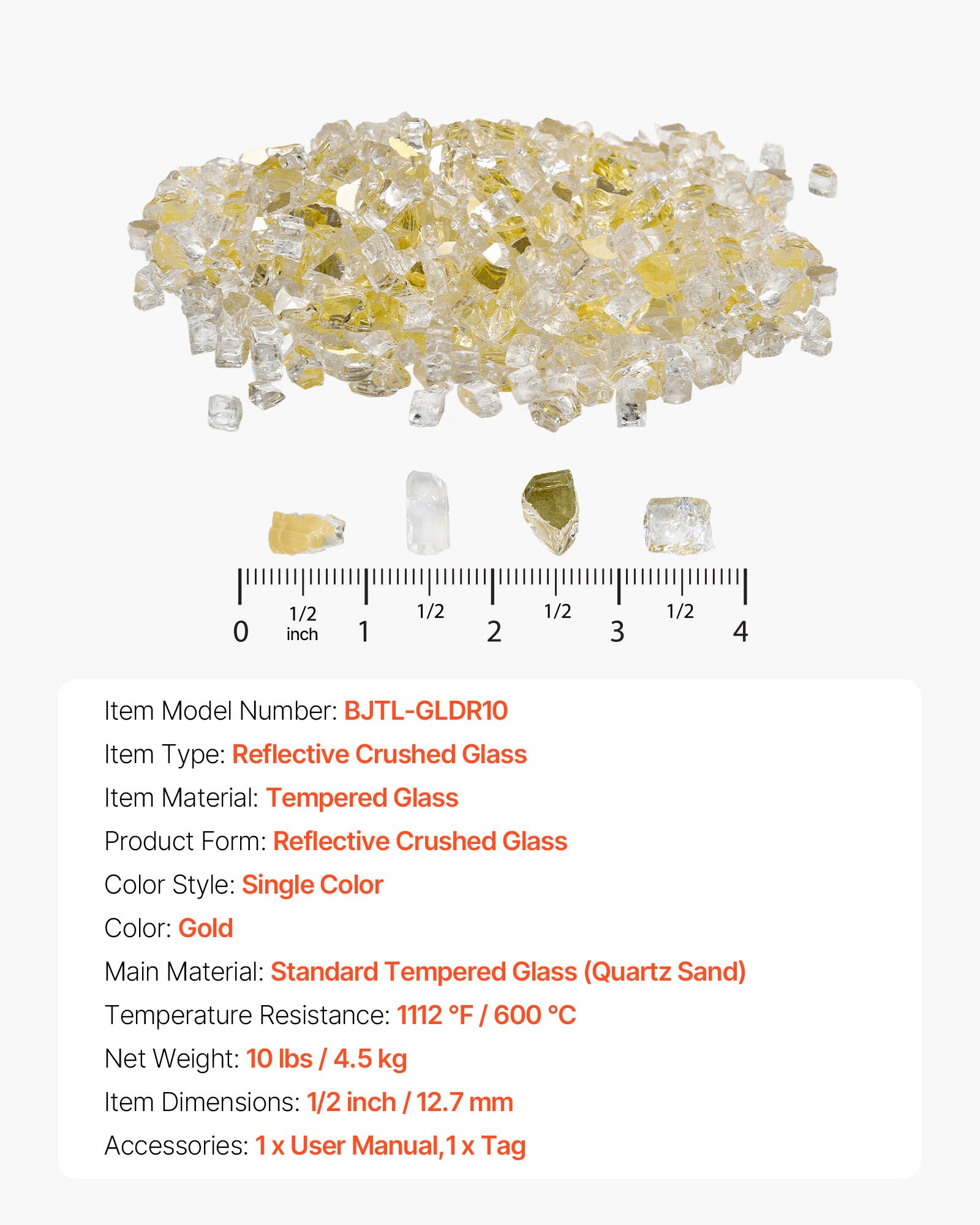 VEVOR Feuerglas, 4,5 kg hochtemperaturbeständige Glassteine, 12,7 mm reflektierende Feuerstellen-Glasperlen, Feuerstelle Glasfelsen, Kaminglas, Feuerkristall, Feuerperlen, für Kamin, Golden