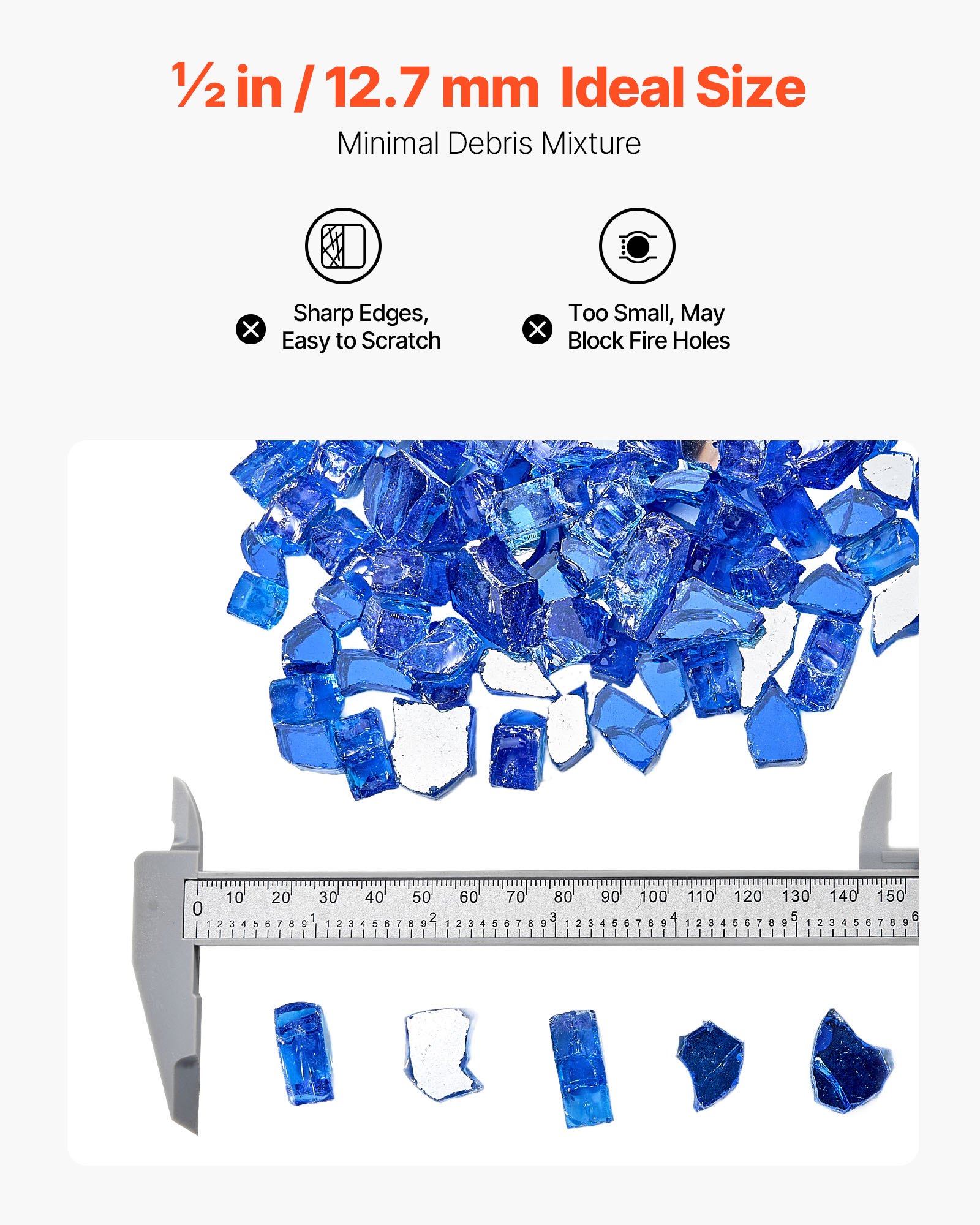 VEVOR Feuerglas, 15,88 kg hochtemperaturbeständige Glassteine, 12,7 mm reflektierende Feuerstellen-Glasperlen, Feuerstelle Glasfelsen, Kaminglas, Feuerkristall, Feuerperlen, für Kamin, Kobaltblau