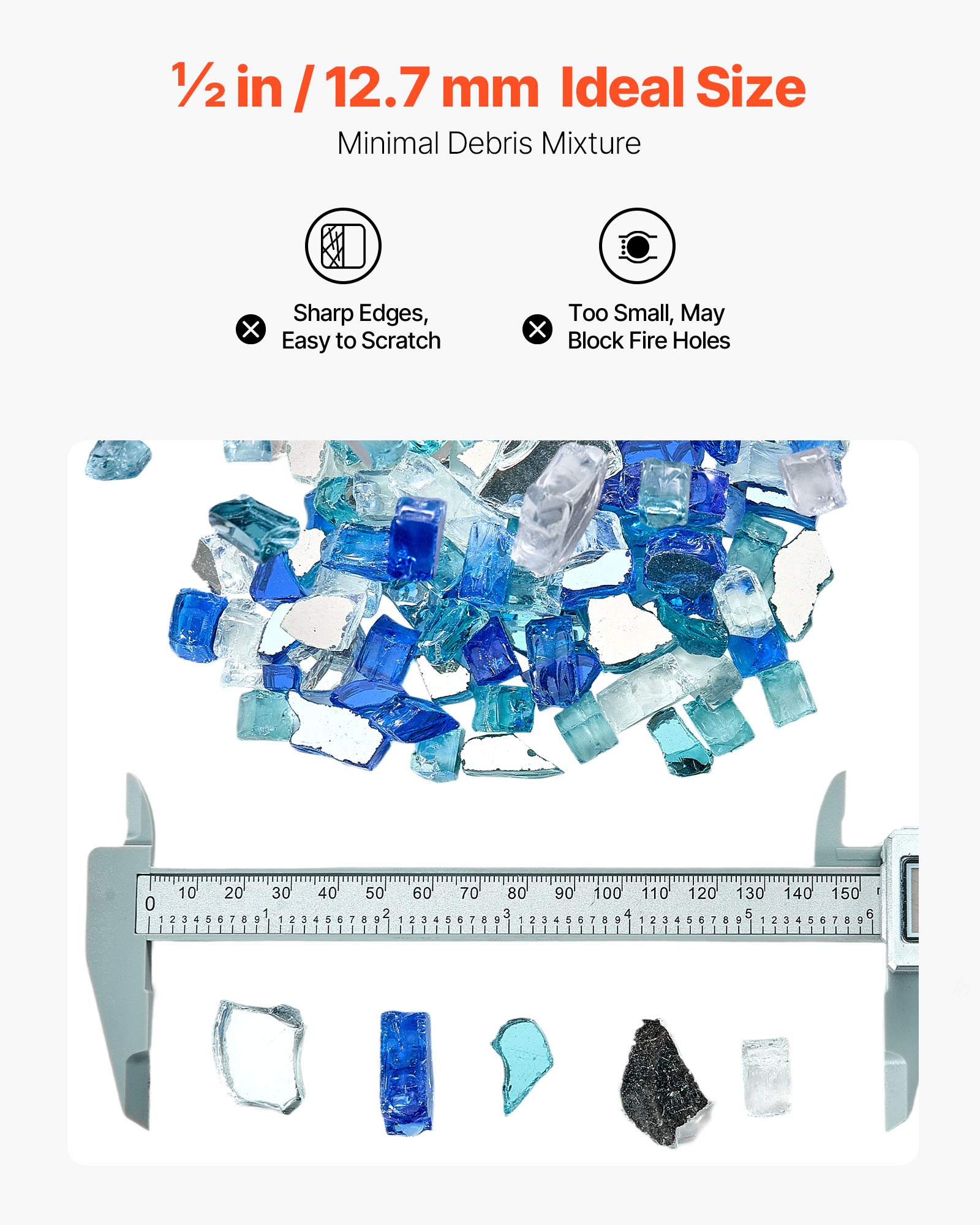 VEVOR Feuerglas, 4,5 kg, Glassteine, 12,7 mm reflektierende Feuerstellen-Glasperlen, Feuerstelle Glasfelsen, Kaminglas, Feuerkristall, Feuerperlen für Gaskamin, Kobaltblau, Aquablau, Transparent