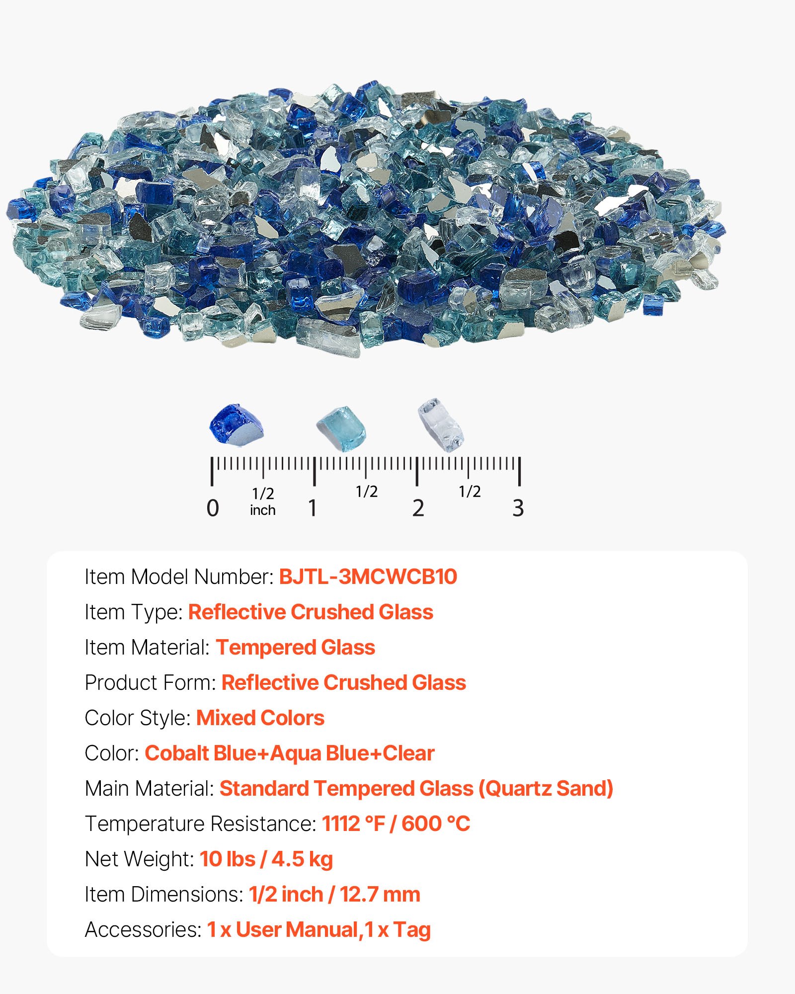 VEVOR Feuerglas, 4,5 kg, Glassteine, 12,7 mm reflektierende Feuerstellen-Glasperlen, Feuerstelle Glasfelsen, Kaminglas, Feuerkristall, Feuerperlen für Gaskamin, Kobaltblau, Aquablau, Transparent