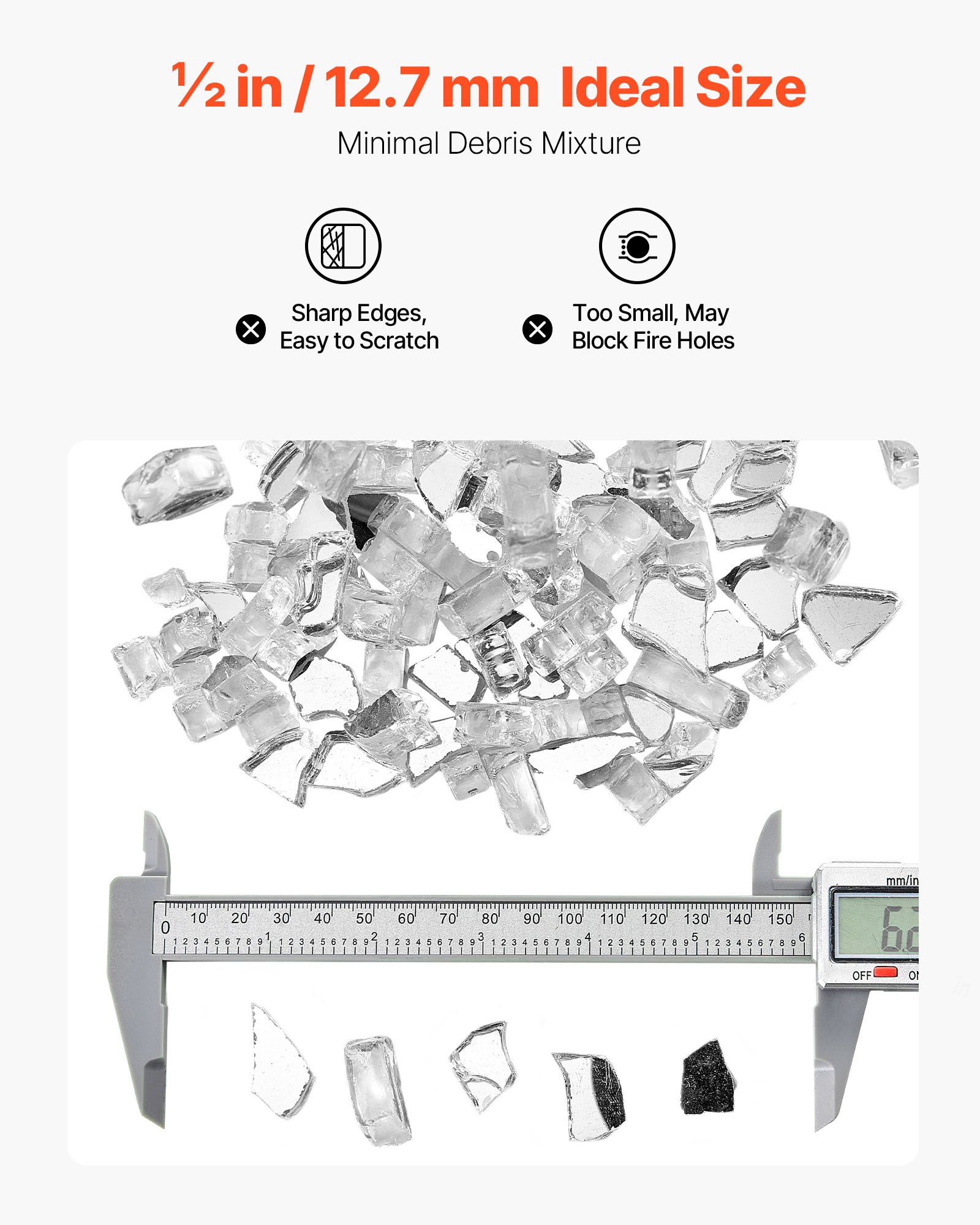 VEVOR Feuerglas, 9 kg hochtemperaturbeständige Glassteine, 12,7 mm reflektierende Feuerstellen-Glasperlen, Feuerstelle Glasfelsen, Kaminglas, Feuerkristall, Feuerperlen, für Gaskamine, Transparent