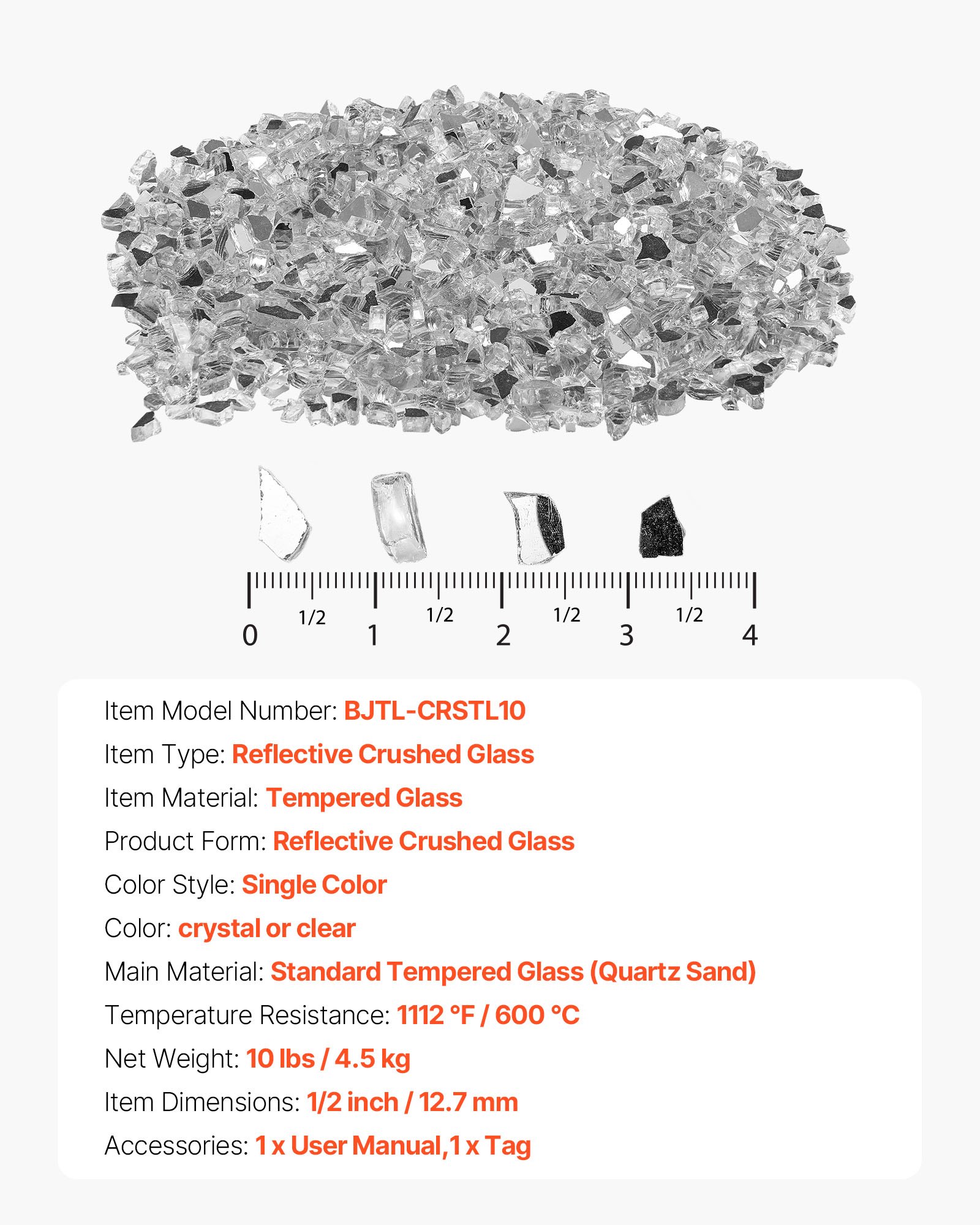 VEVOR Feuerglas, 9 kg hochtemperaturbeständige Glassteine, 12,7 mm reflektierende Feuerstellen-Glasperlen, Feuerstelle Glasfelsen, Kaminglas, Feuerkristall, Feuerperlen, für Gaskamine, Transparent