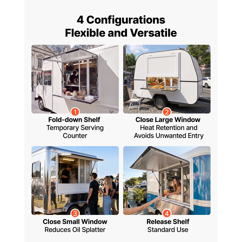 VEVOR Verkaufsfenster für Foodtrucks 915 x 915 x 110 mm Aluminiumlegierung, Konzessionsfenster Regenschutz, bis 85° Aufklappbar, Klappbarer Ablage, mit 4 Verschiebbaren Fliegengittern und Schlepphaken