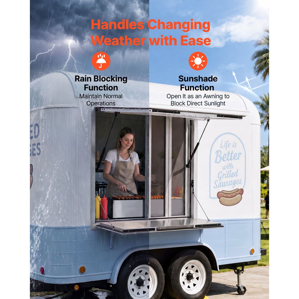 VEVOR Verkaufsfenster für Foodtrucks 915 x 915 x 110 mm Aluminiumlegierung, Konzessionsfenster Regenschutz, bis 85° Aufklappbar, Klappbarer Ablage, mit 4 Verschiebbaren Fliegengittern und Schlepphaken