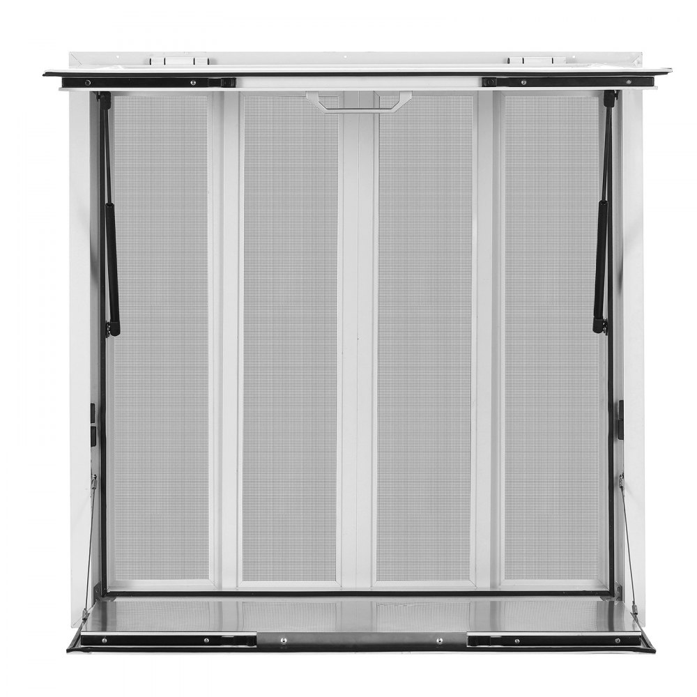 VEVOR Verkaufsfenster für Foodtrucks 915 x 915 x 110 mm Aluminiumlegierung, Konzessionsfenster Regenschutz, bis 85° Aufklappbar, Klappbarer Ablage, mit 4 Verschiebbaren Fliegengittern und Schlepphaken