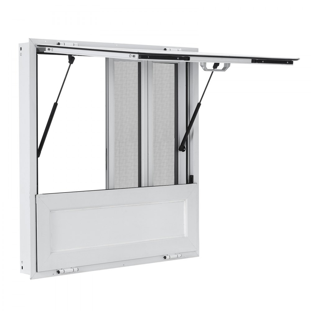 VEVOR Verkaufsfenster für Foodtrucks 915 x 915 x 110 mm Aluminiumlegierung, Konzessionsfenster Regenschutz, bis 85° Aufklappbar, Klappbarer Ablage, mit 4 Verschiebbaren Fliegengittern und Schlepphaken
