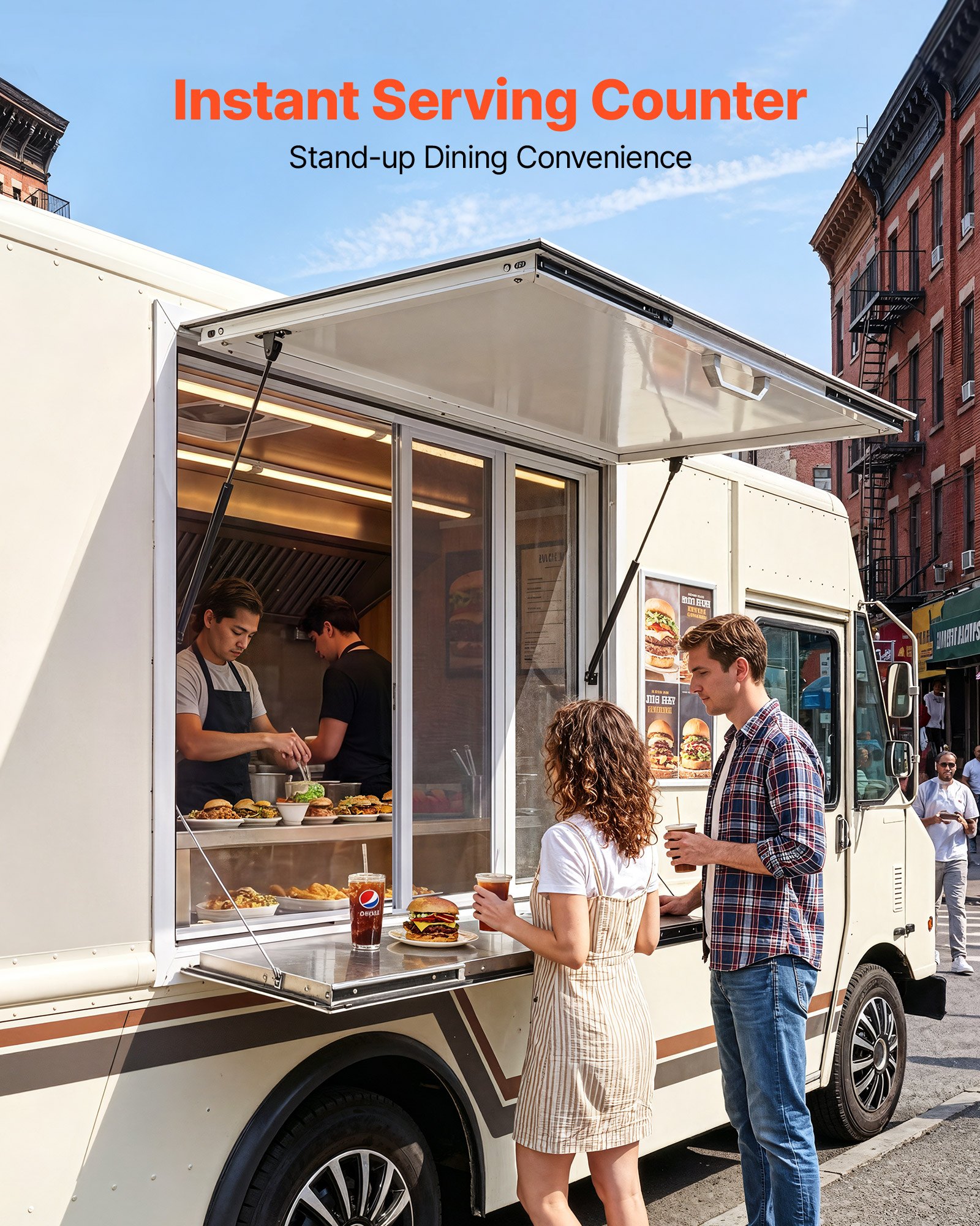 VEVOR Verkaufsfenster für Foodtrucks 915 x 915 x 110 mm Aluminiumlegierung, Konzessionsfenster Regenschutz, bis 85° Aufklappbar, Klappbarer Ablage, mit 4 Verschiebbaren Fliegengittern und Schlepphaken