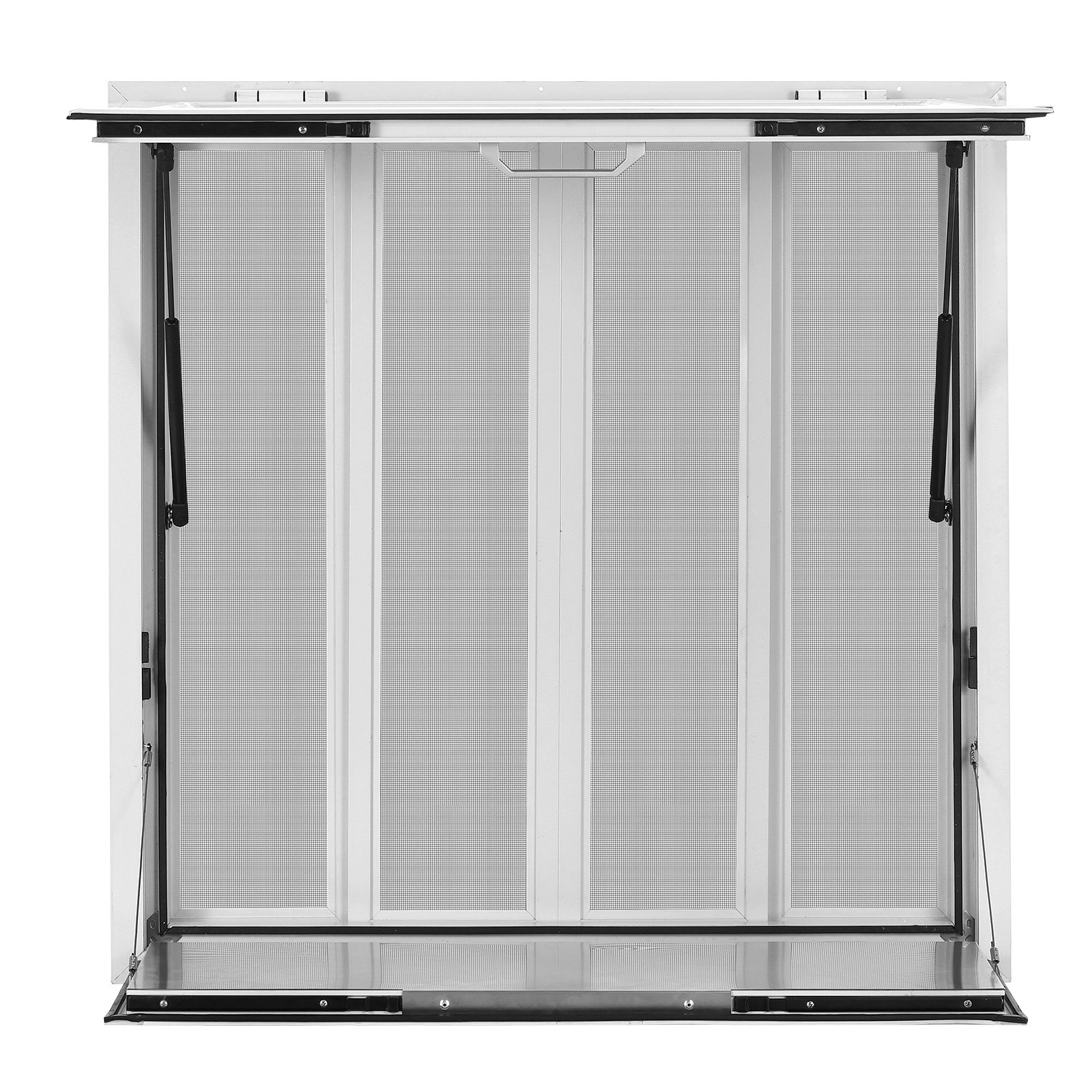 VEVOR Verkaufsfenster für Foodtrucks 915 x 915 x 110 mm Aluminiumlegierung, Konzessionsfenster Regenschutz, bis 85° Aufklappbar, Klappbarer Ablage, mit 4 Verschiebbaren Fliegengittern und Schlepphaken