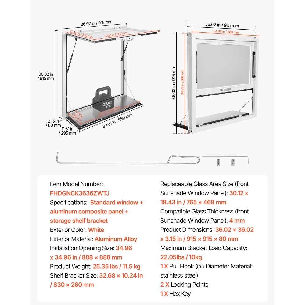 VEVOR Verkaufsfenster für Foodtrucks 915 x 915 x 80 mm Aluminiumlegierung, Konzessionsfenster für Imbisswagen, bis 85° Aufklappbar, mit Verkaufsklappe, Servierablage & Schlepphaken, Regenschutz