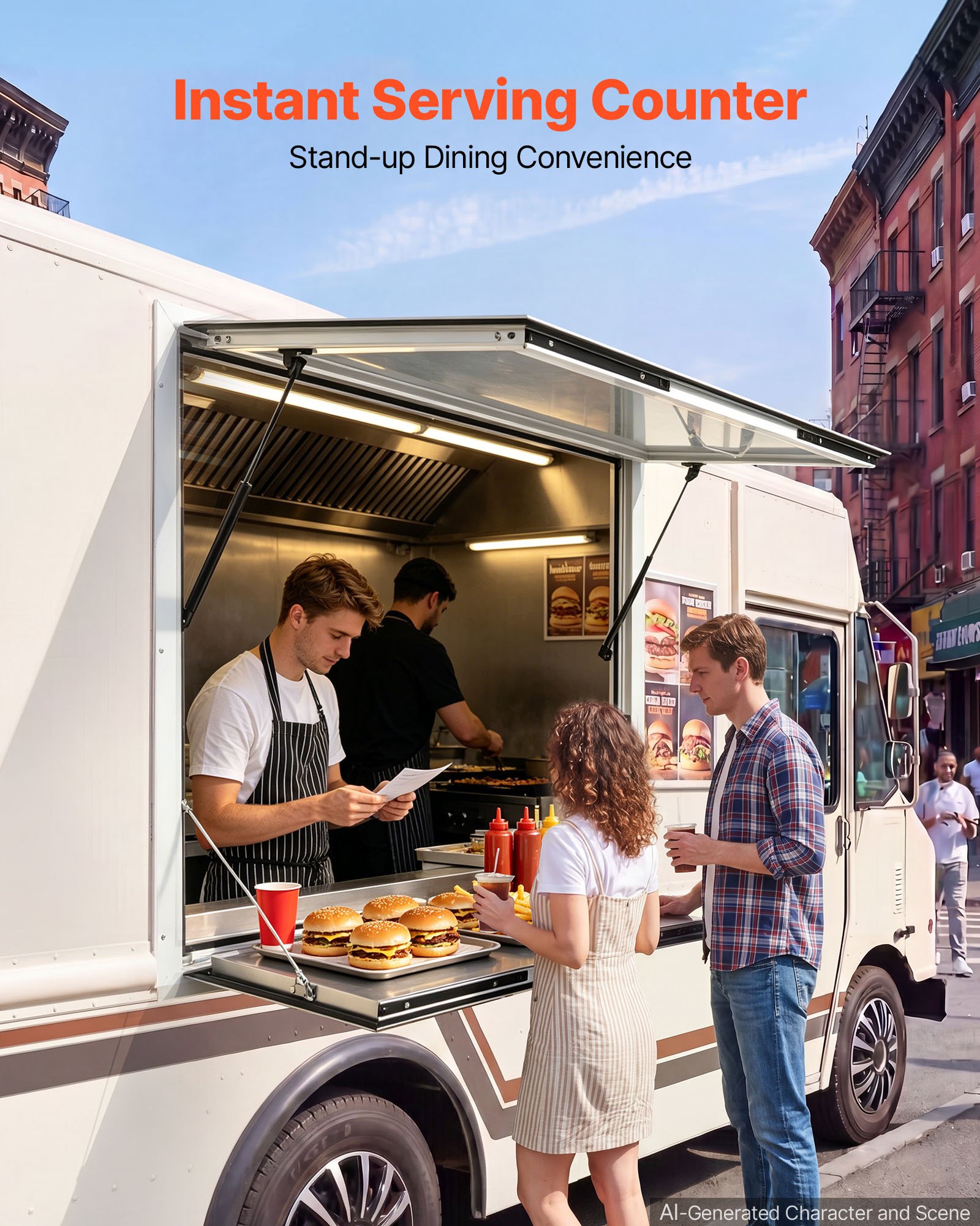 VEVOR Verkaufsfenster für Foodtrucks 915 x 915 x 80 mm Aluminiumlegierung, Konzessionsfenster für Imbisswagen, bis 85° Aufklappbar, mit Verkaufsklappe, Servierablage & Schlepphaken, Regenschutz