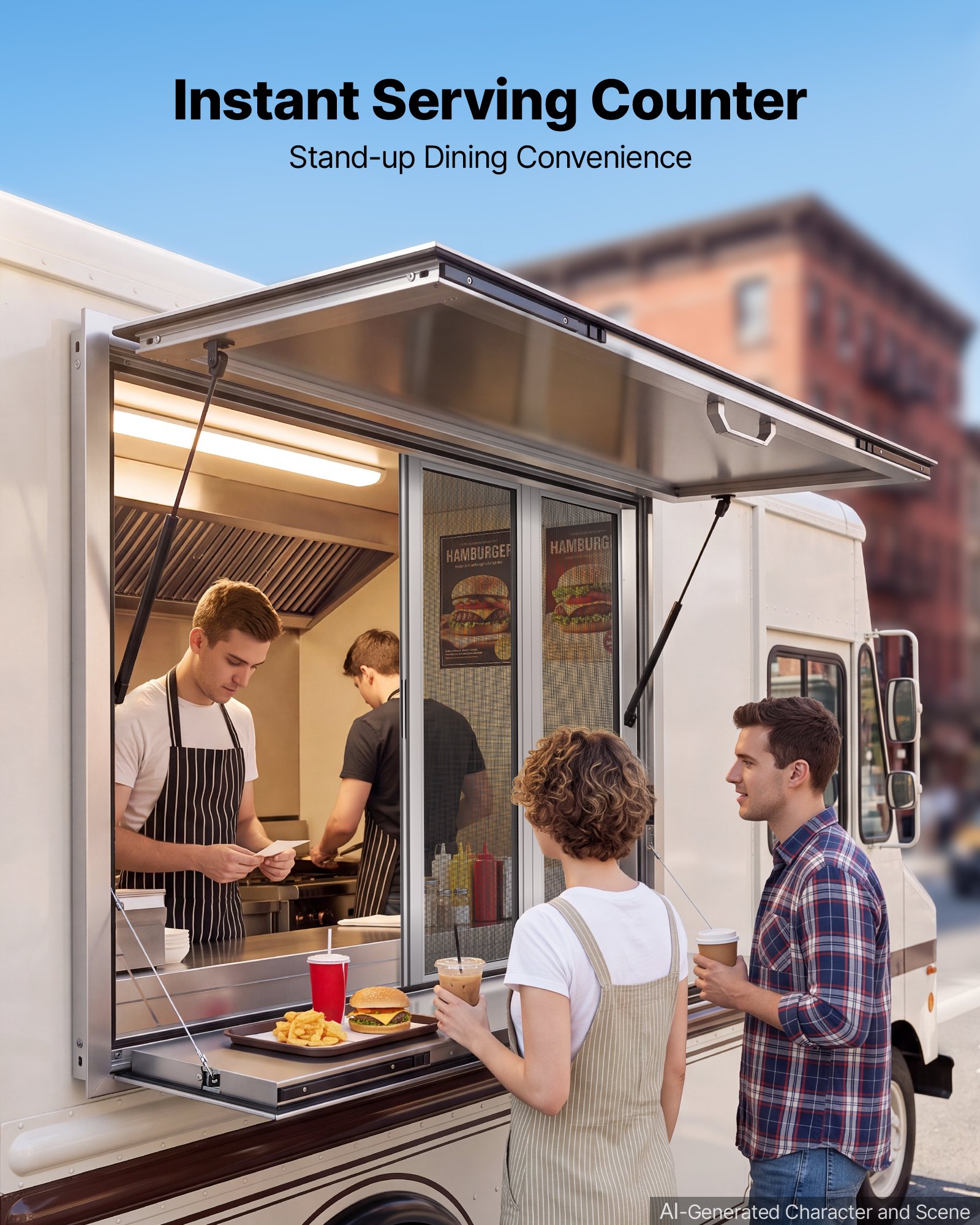 VEVOR Verkaufsfenster für Foodtrucks 1220 x 915 x 110 mm Aluminiumlegierung, Konzessionsfenster bis 85° Aufklappbar, Klappbarer Ablage, mit 4 Verschiebbaren Fliegengittern und Schlepphaken