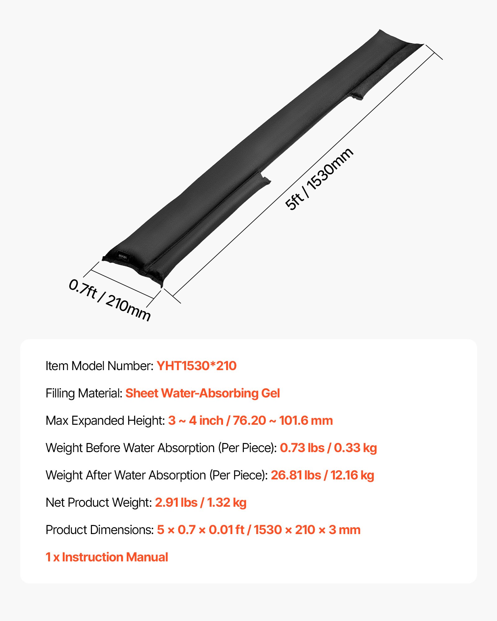 VEVOR Sandsäcke (sandfrei) 4-tlg. (1533 x 21 cm) Hochwasserbarriere Hochwasserschutz wiederverwendbar, Überschwemmungsschutzsäcke für Haus Tür Keller Garage Hochwassersäcke Hochwassersperre