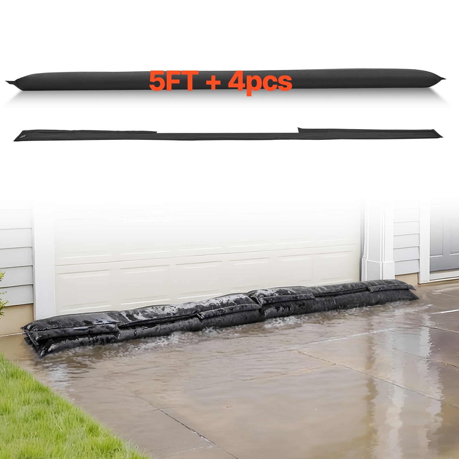 VEVOR Flood Barrier, 4 Pack, 1530 x 210 mm Flood Bags Activated by Water, Reusable Water Absorbent Barrier, Sandless Sandbags Blockage, Flooding Prevention Bags for Home, Doorway, Basement, Garage