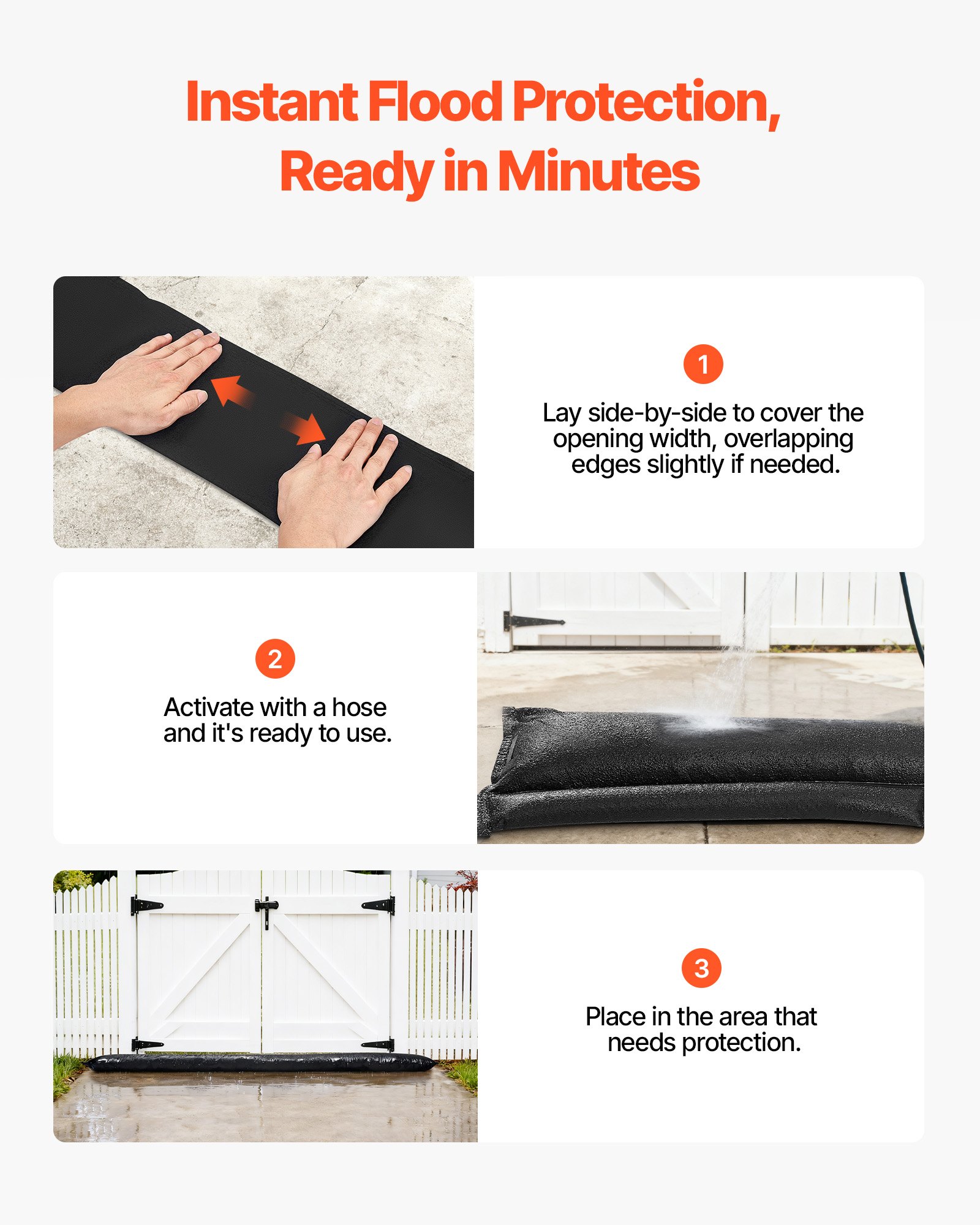 VEVOR Flood Barrier, 8 Pack, 3050 x 210 mm Flood Bags Activated by Water, Reusable Water Absorbent Barrier, Sandless Sandbags Blockage, Flooding Prevention Bags for Home, Doorway, Basement, Garage