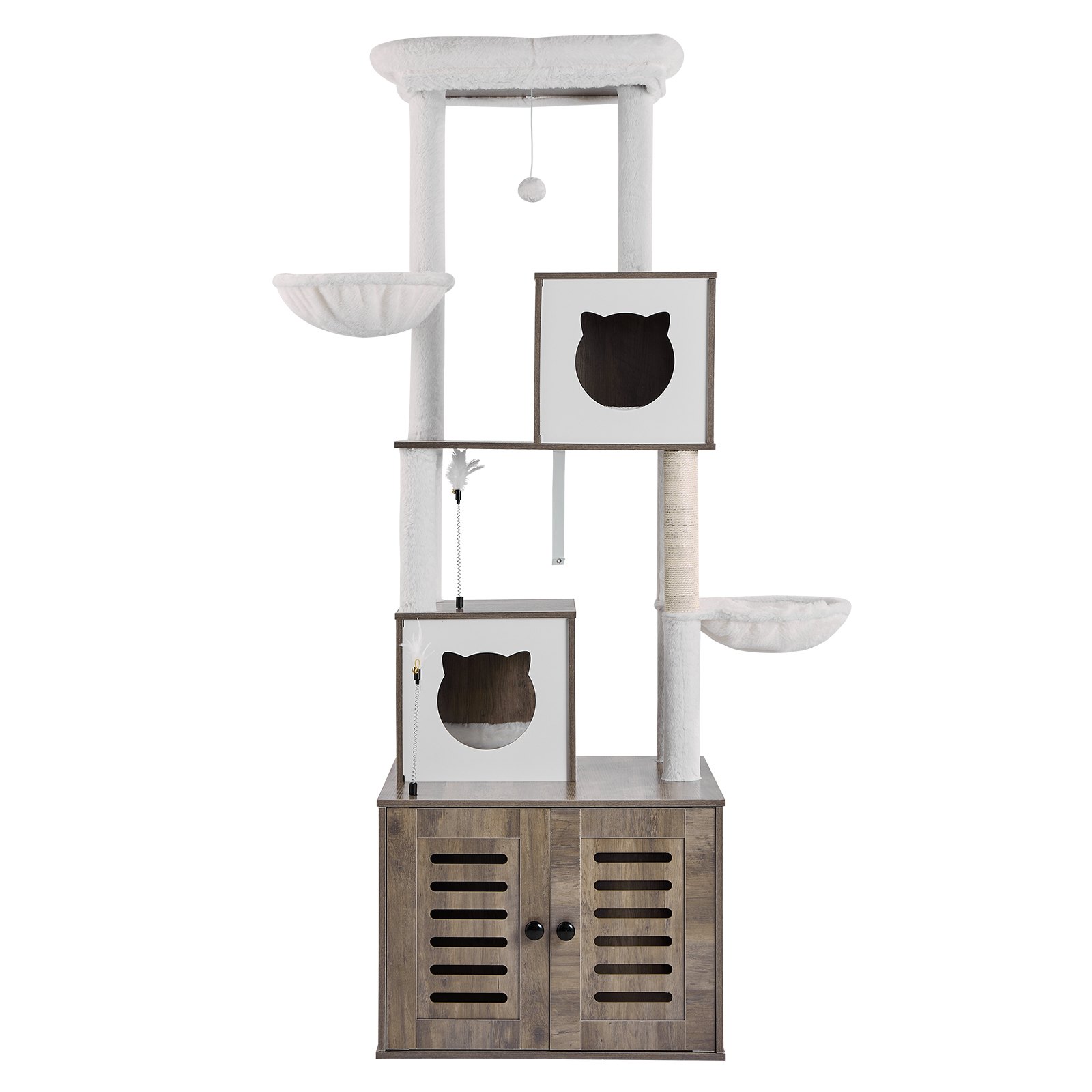 VEVOR Kratzbaum, 185 cm groß, 2-in-1-Katzenkletterturm mit Katzentoilettenmöbel, mehrstöckiges Katzenhaus mit Sitzstange, Sisal-Katzenbaum, Hängematte, Ruhehaus für Kätzchen im Innenbereich