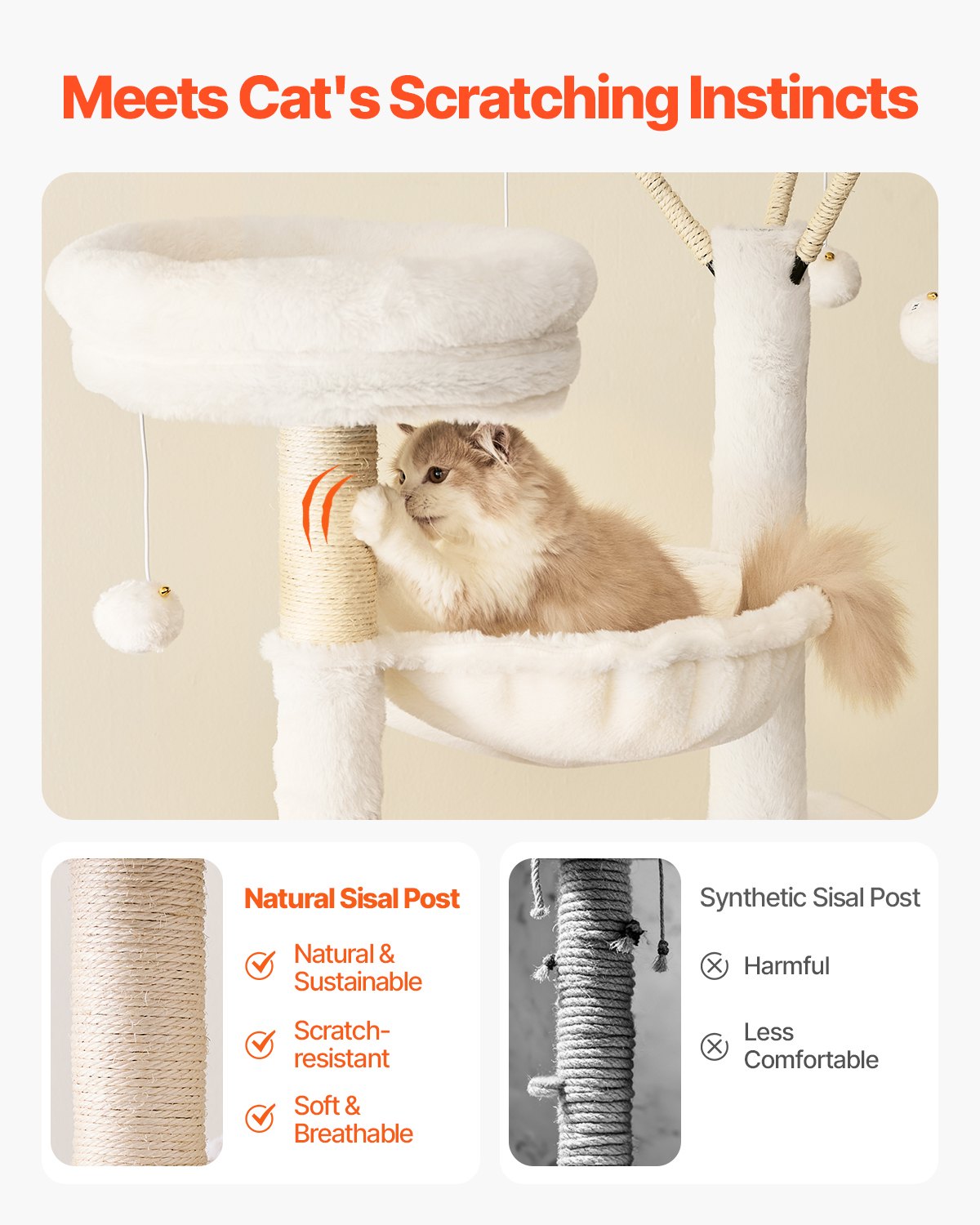 VEVOR Kratzbaum, 138 cm groß, 2-in-1-Katzenkletterturm mit Katzentoilettenmöbel, mehrstöckiges Katzenhaus mit Sitzstange, Sisal-Katzenbaum, Hängematte, Ruhehaus für Kätzchen im Innenbereich